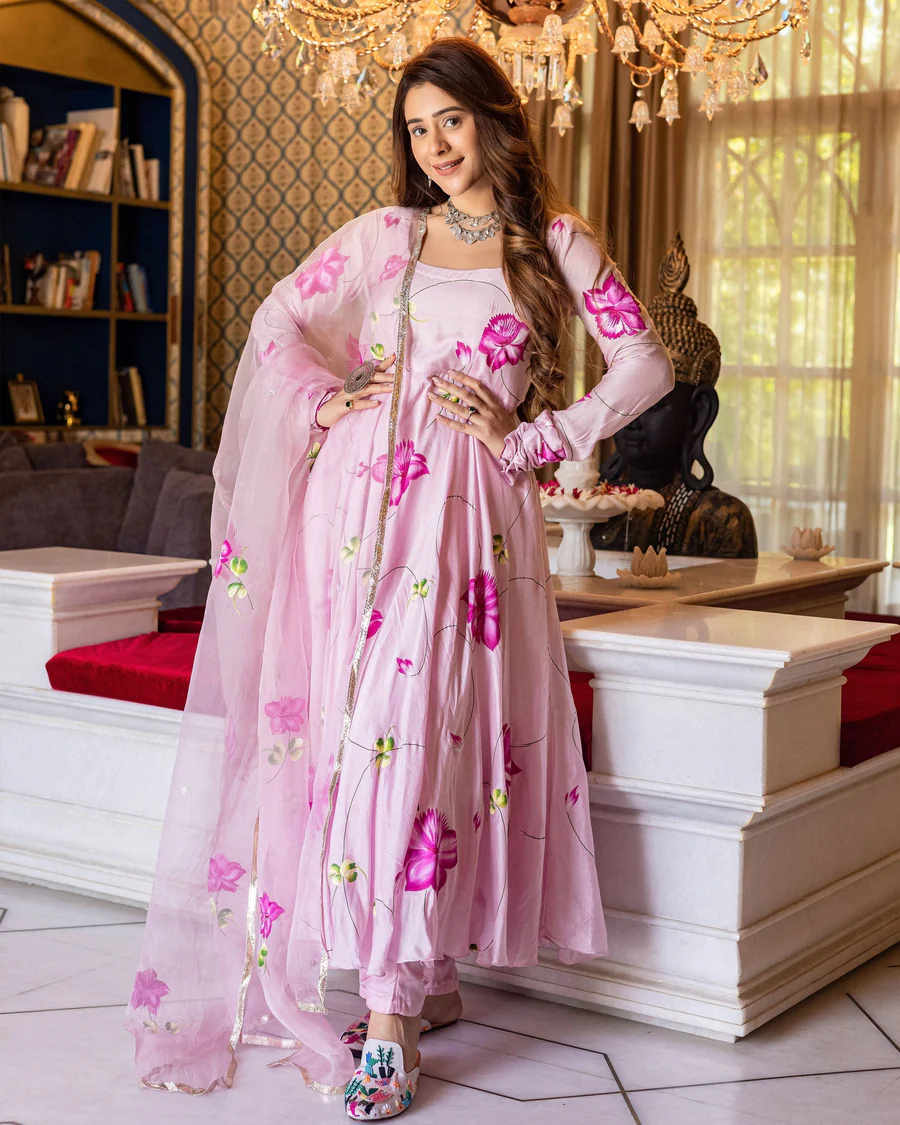 Soft Pink Floral Anarkali Suit Set with Organza Dupatta