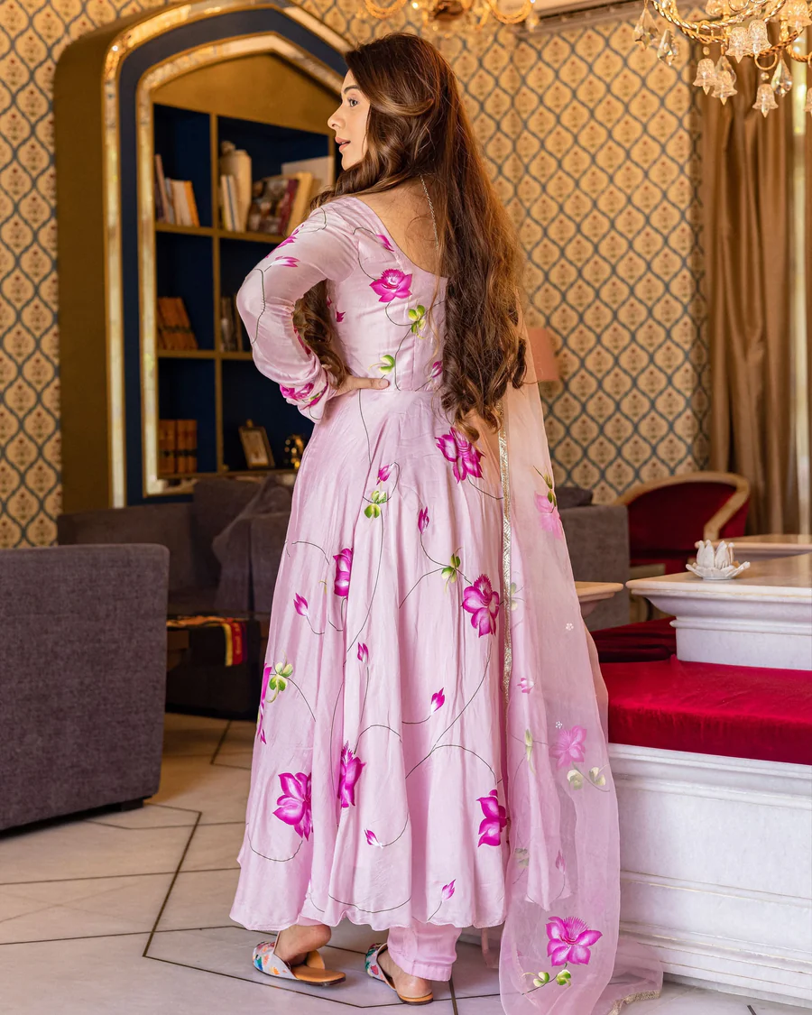 Soft Pink Floral Anarkali Suit Set with Organza Dupatta