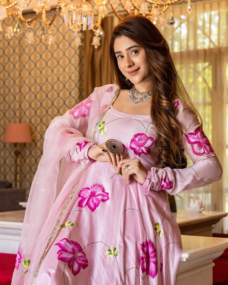 Soft Pink Floral Anarkali Suit Set with Organza Dupatta