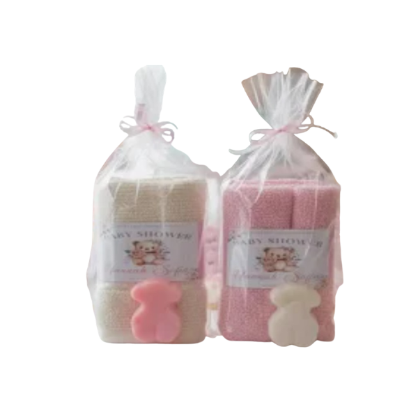 Jabón de regalo para baby shower o fiesta con toalla de baño para niño o niña (3 pza)
