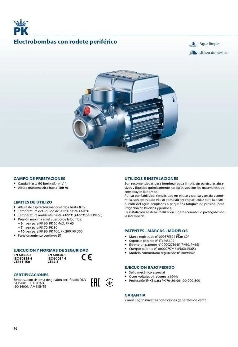 Electrobomba Pedrollo Pkm60 1 X1 1/2hp Presion Max: 40mt