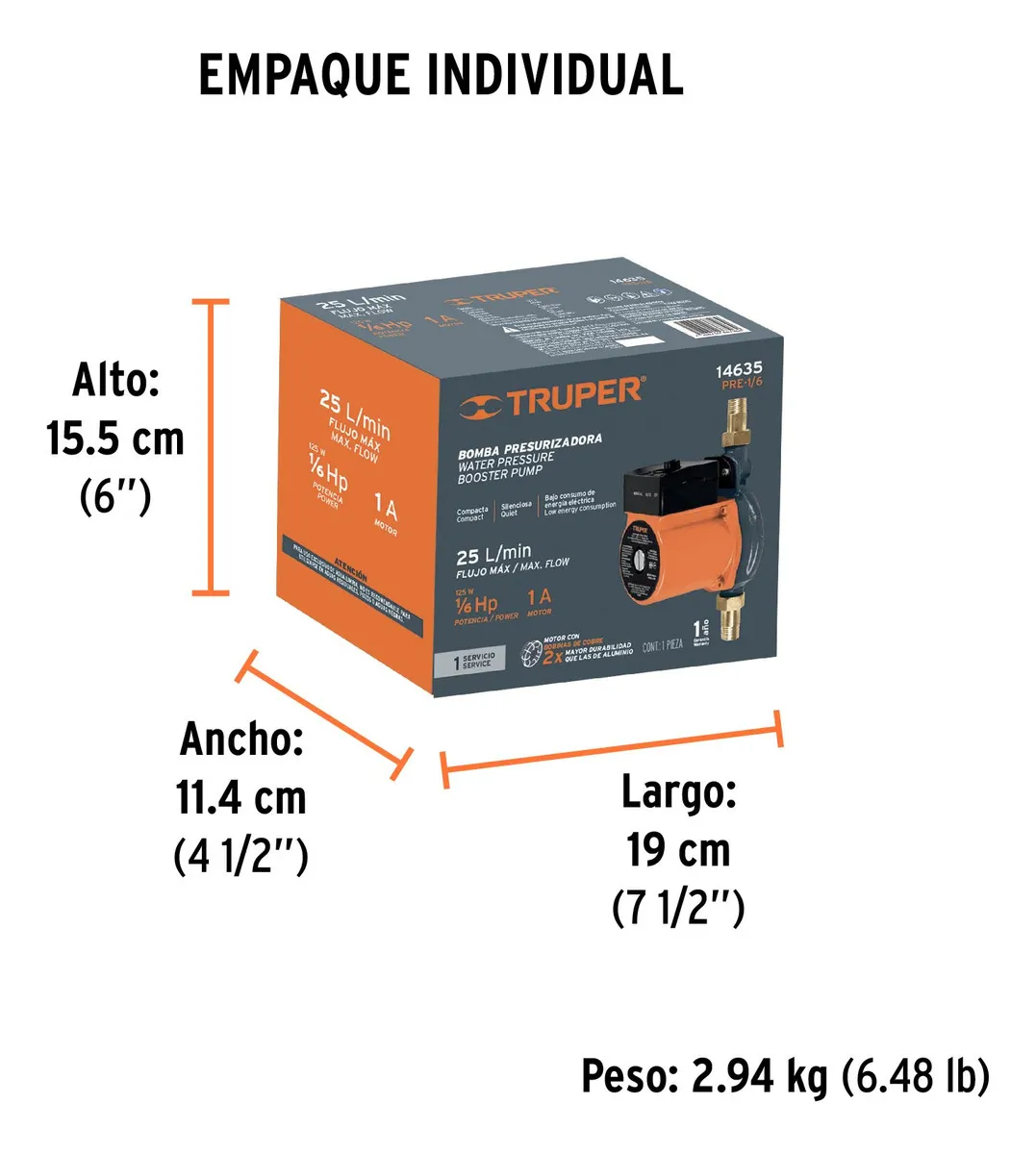 Bomba Presurizadora Compacta de 1/6 Hp 125 W 25 l/min Truper PRE-1/6