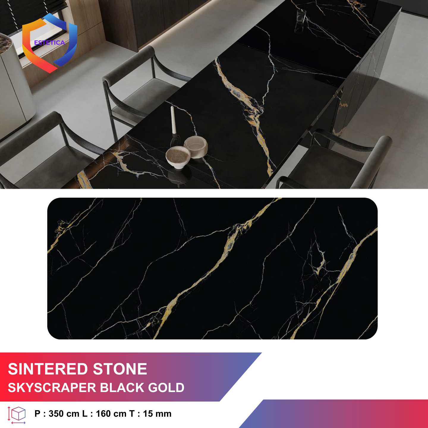 Meja Sintered Stone Skyscraper Black Gold