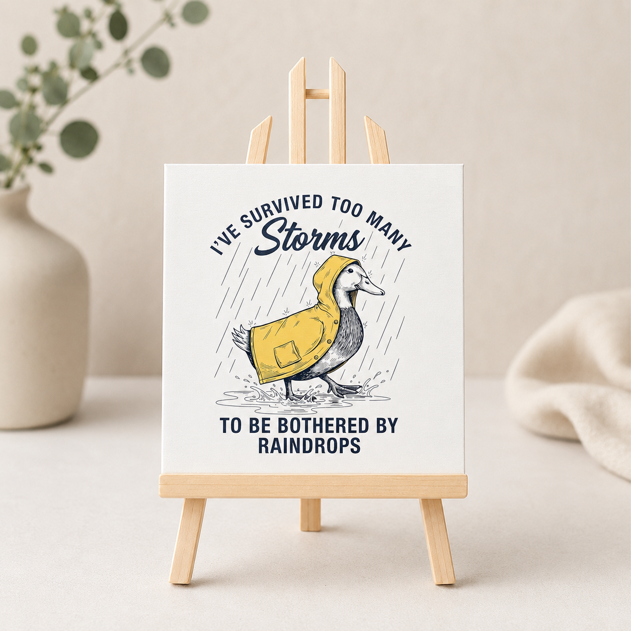 Canvas met eend in regenjas en quote