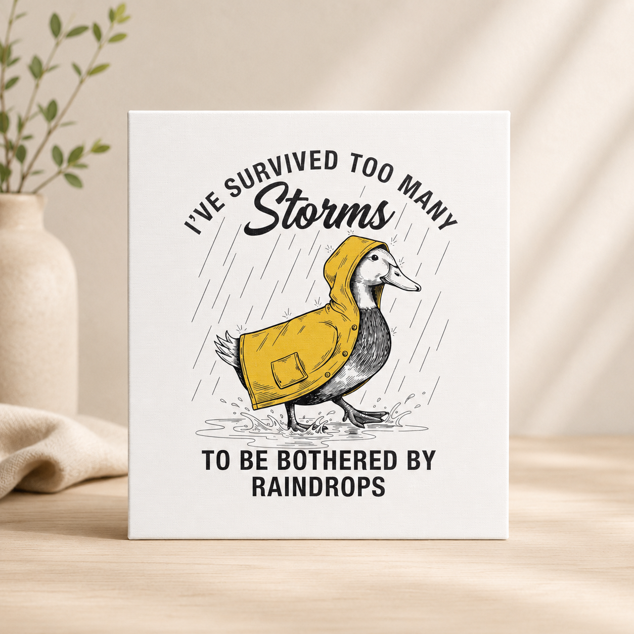 Canvas met eend in regenjas en quote