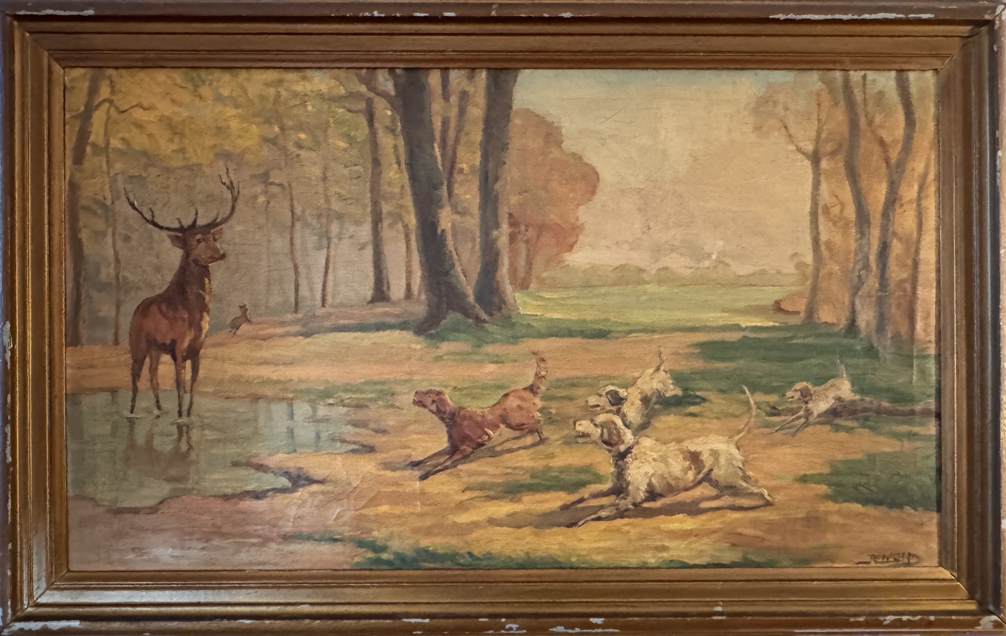 LOTE 22- REQUEVILLARD "Ciervo perseguido por una jauria de perros en el sotobosque" precio de salida 10/20 eur.