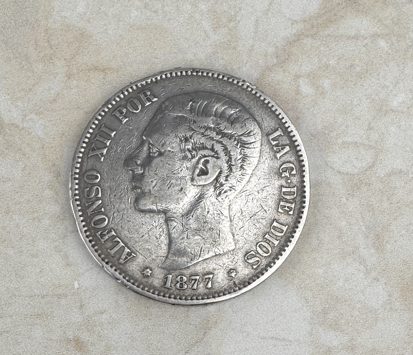 Lote 66- ALFONSO XII (joven) - Moneda de plata de 5 pesetas 1877   50/60 euros