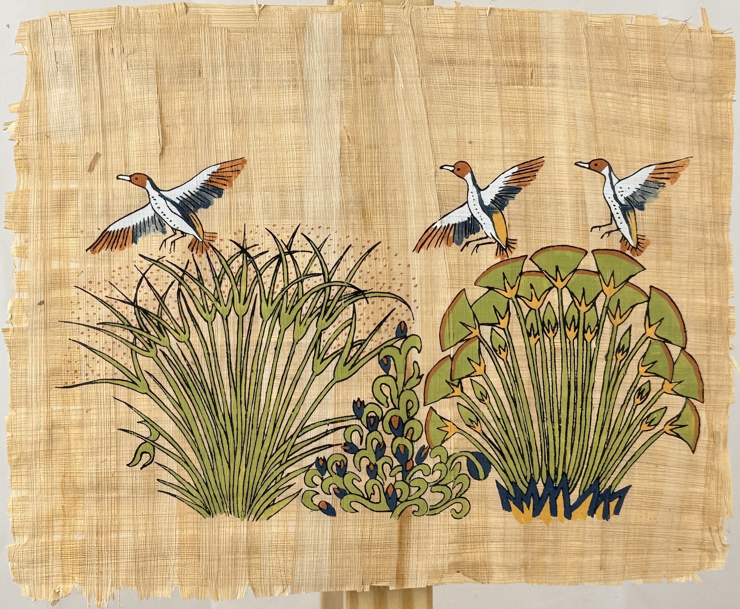 LOTE 24-  Conjunto de 5 Papiros modernos / Conjunto de cinco obras en pigmento sobre papiro moderno. Precio de salida 30/40 eur.