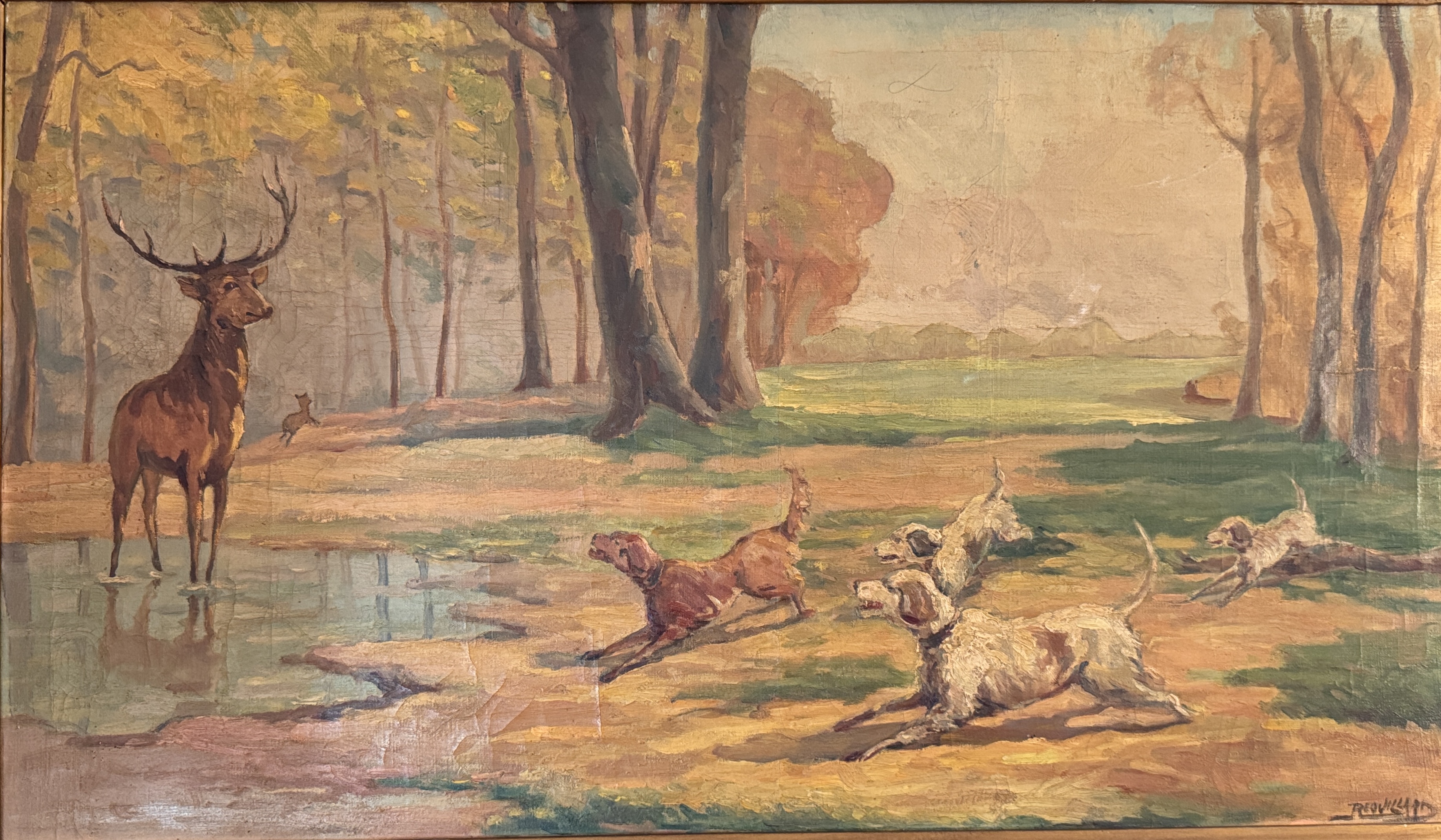 LOTE 22- REQUEVILLARD "Ciervo perseguido por una jauria de perros en el sotobosque" precio de salida 10/20 eur.