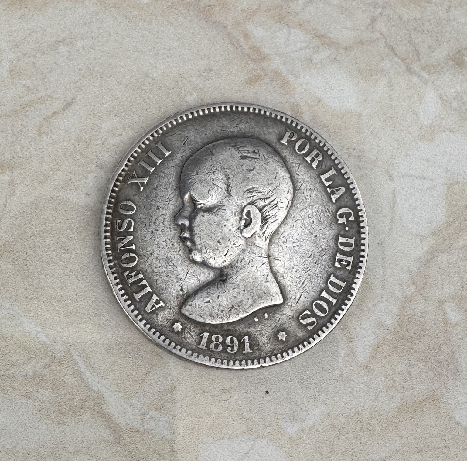 Lote 68- ALFONSO XII (joven/bebe)- Moneda de plata de 5 pesetas 1891 50/60 euros