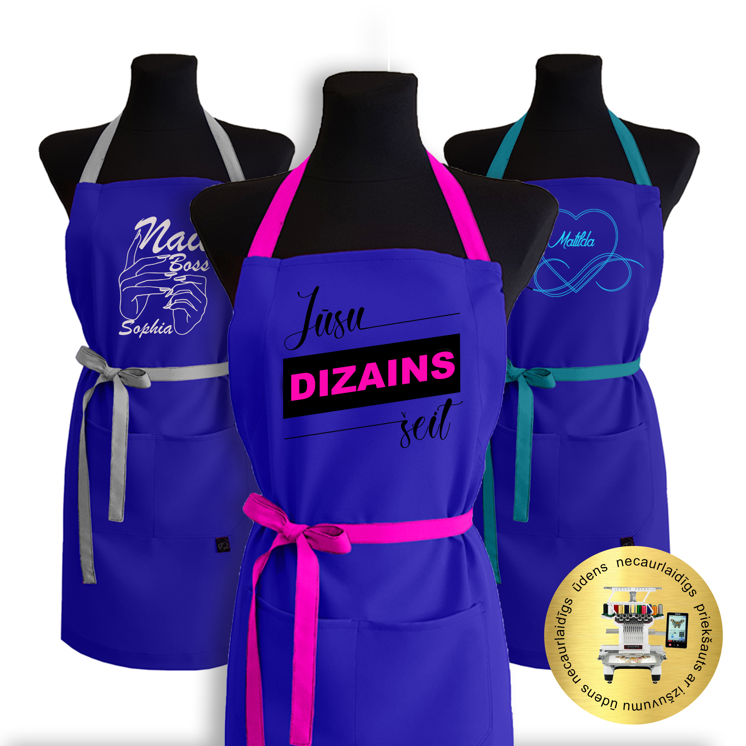 Zils ūdensnecaurlaidīgs priekšauts ar PERSONALIZĒTU ĪZŠUVUMU