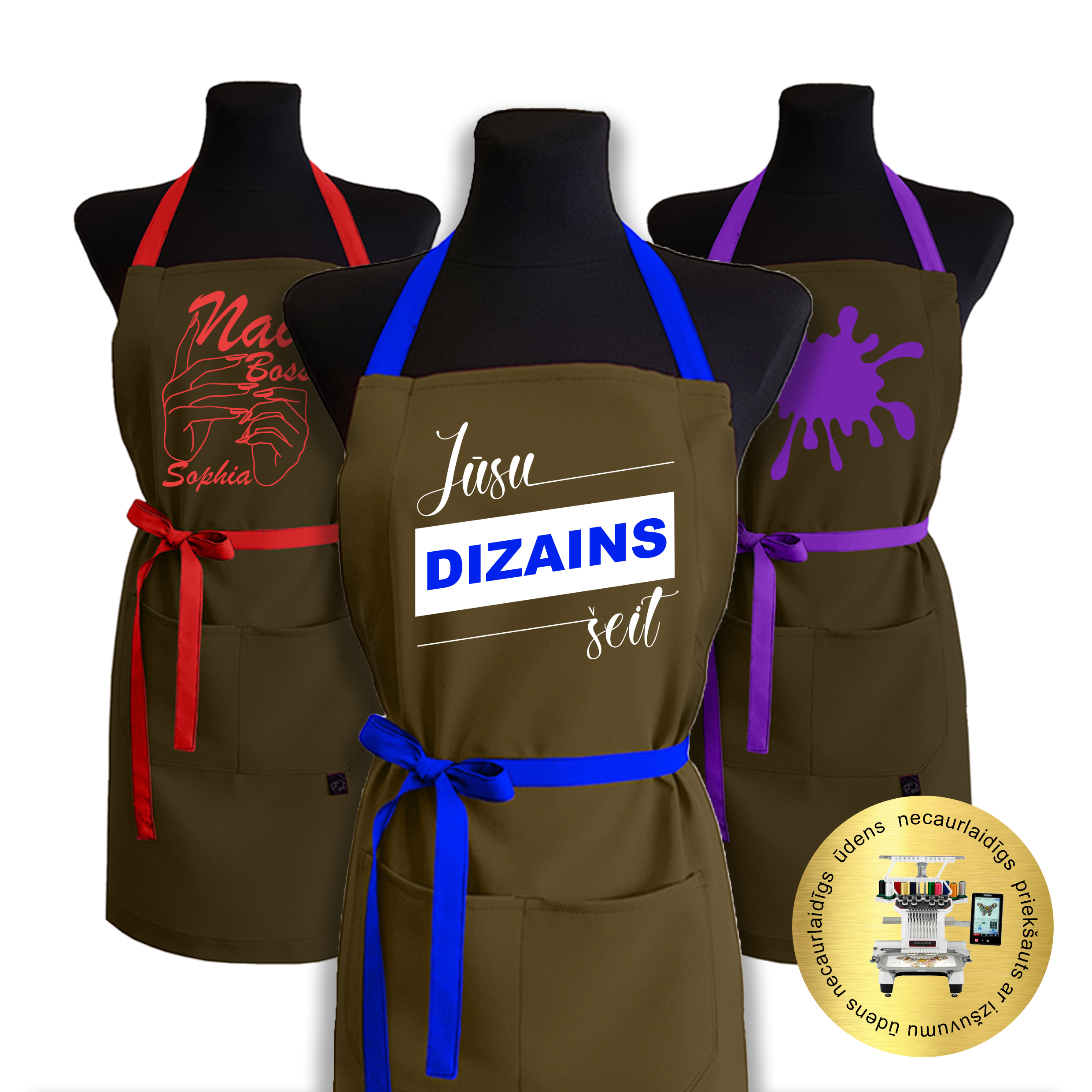 Brūns ūdensnecaurlaidīgs priekšauts ar PERSONALIZĒTU ĪZŠUVUMU