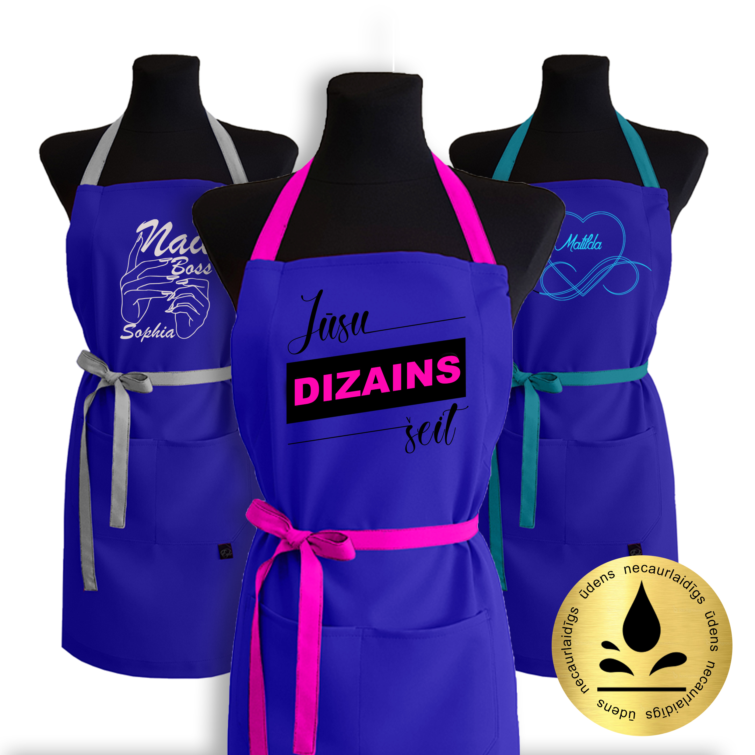 Zils ūdensnecaurlaidīgs priekšauts ar PERSONALIZĒTU APDRUKU