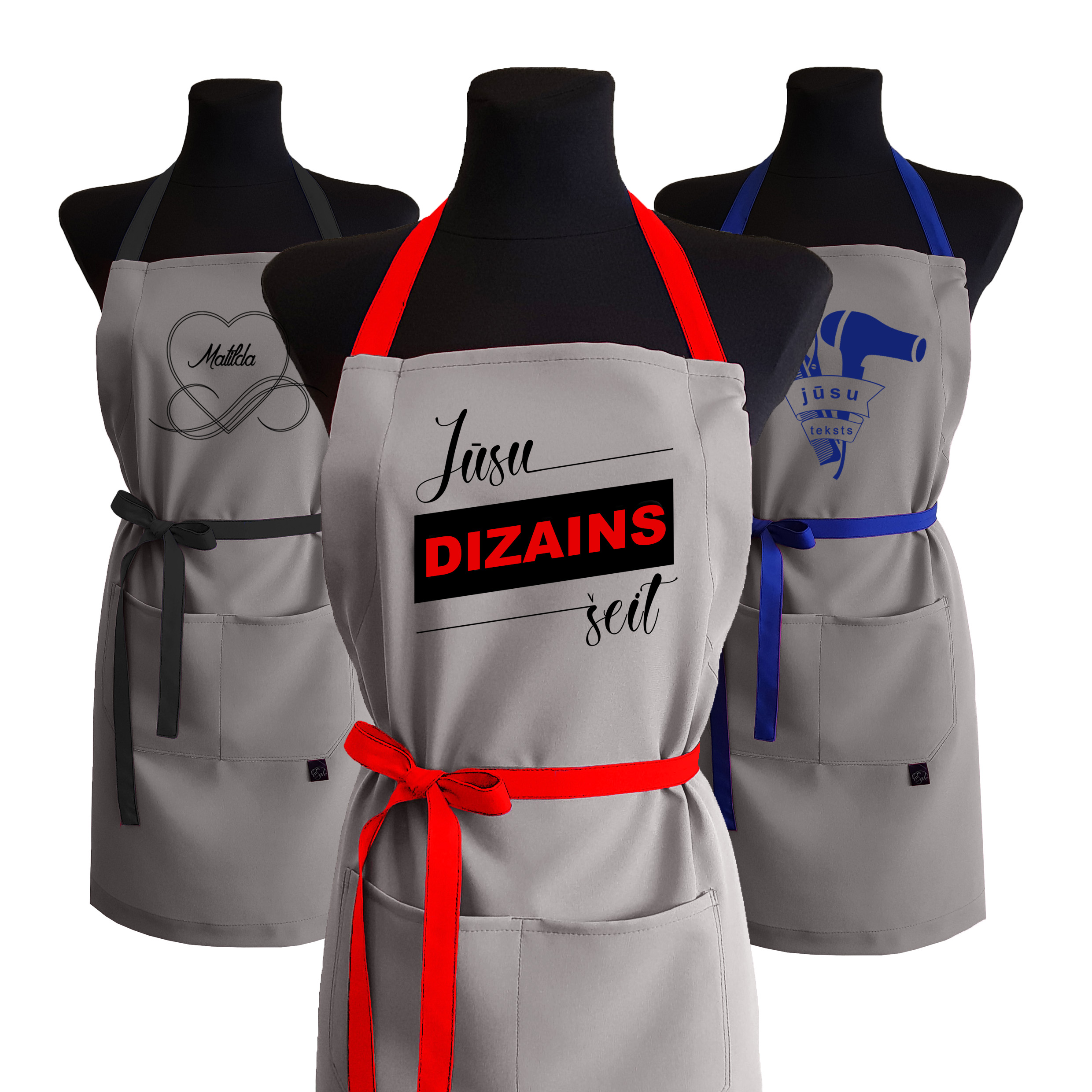 Pelēks gabardīna priekšauts ar PERSONALIZĒTU APDRUKU