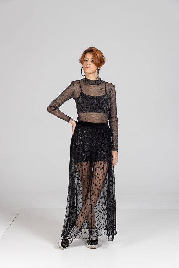 Saia Transparente Preta Estrelada