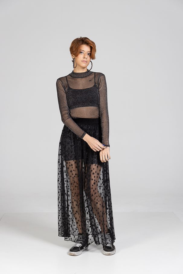 Saia Transparente Preta Estrelada