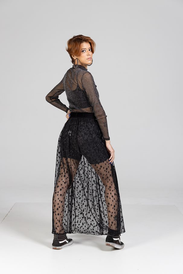 Saia Transparente Preta Estrelada