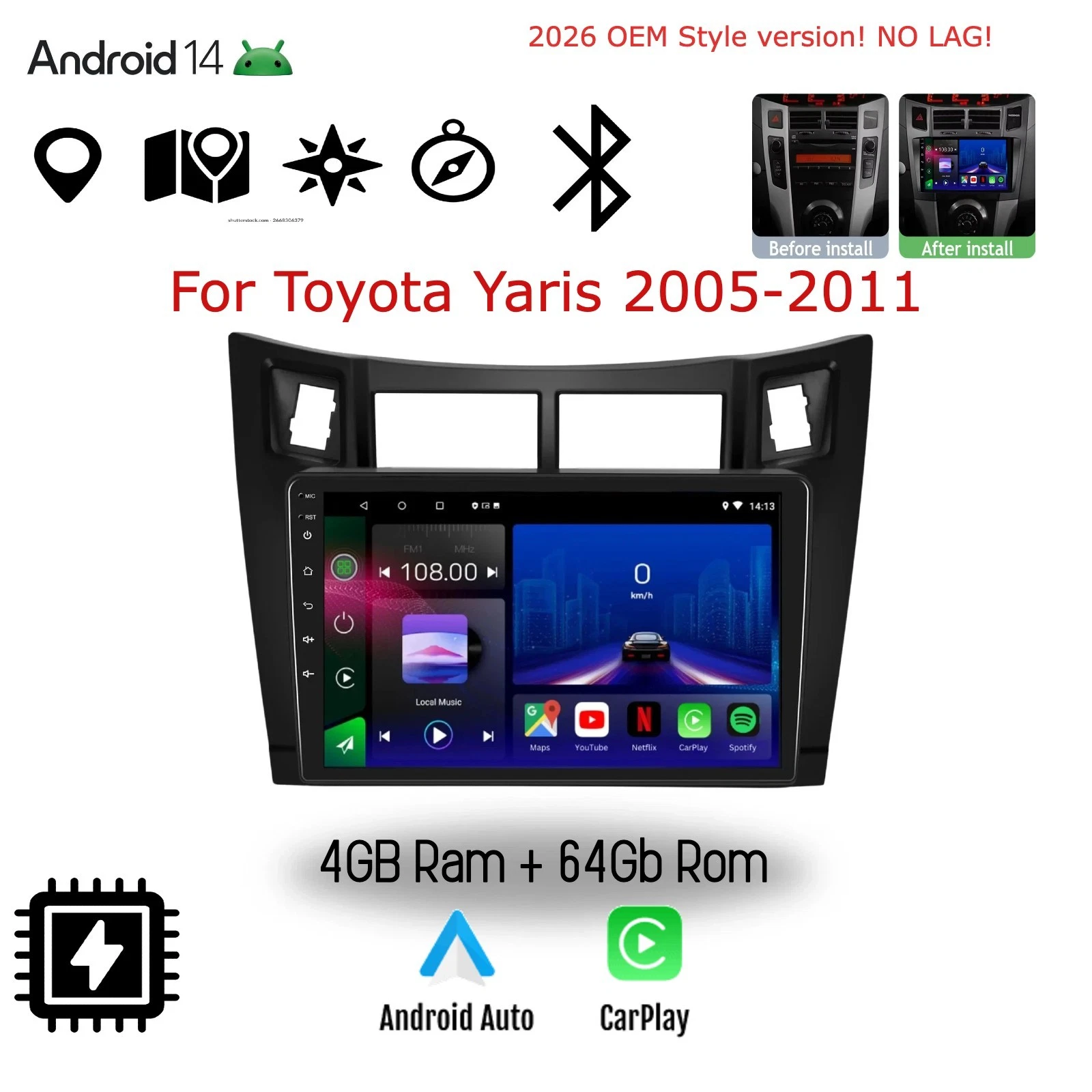 Drive9 Toyota Yaris 2005-2011 Android Headunit Stereo GPS Wireless/Wired Apple CarpPlay/Android Auto 4/64