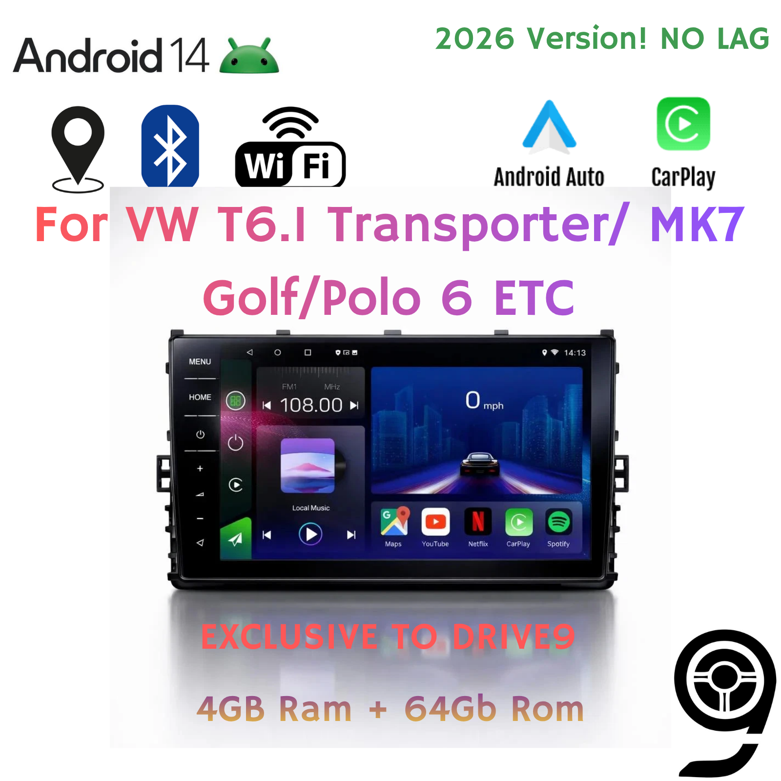 Drive9 VW Mib2.5 Style VW OEM Style 4/64 Headunit. Wireless/Wired Apple CarPlay/Android Auto 
