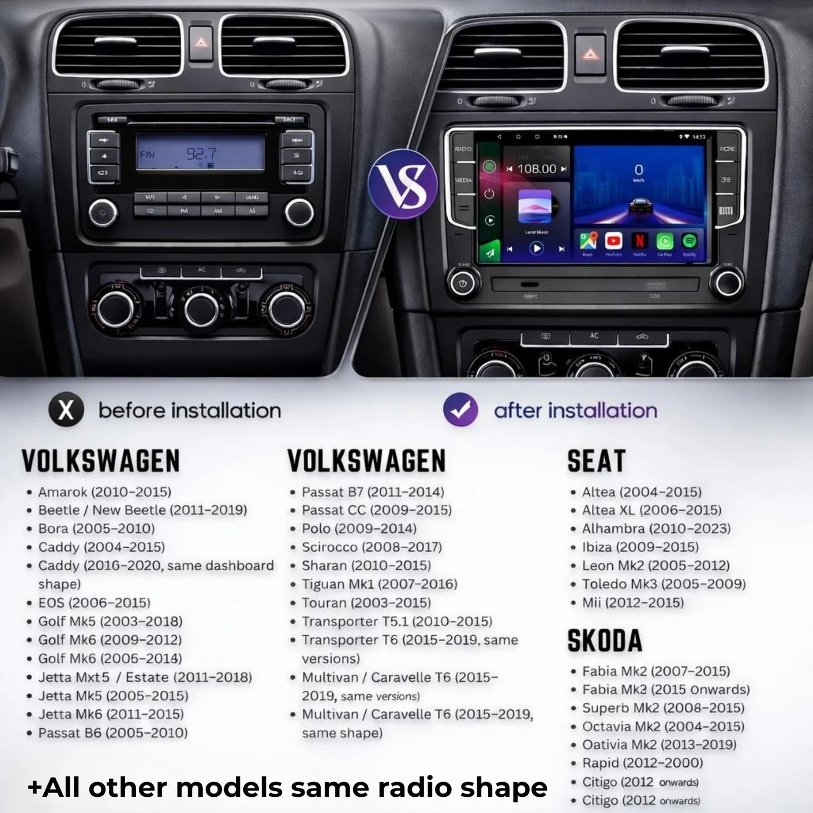 Drive9 Android 15 Car Stereo for Volkswagen, SEAT & Škoda | Wireless CarPlay & Android Auto | 4GB RAM / 64GB ROM | Plug & Play