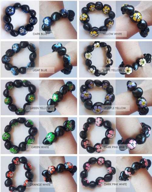 Beautiful Various Kukui Nut Bracelets with Hand Painted Hibiscus Flowers,  Wholesale 50 pcs Mixed