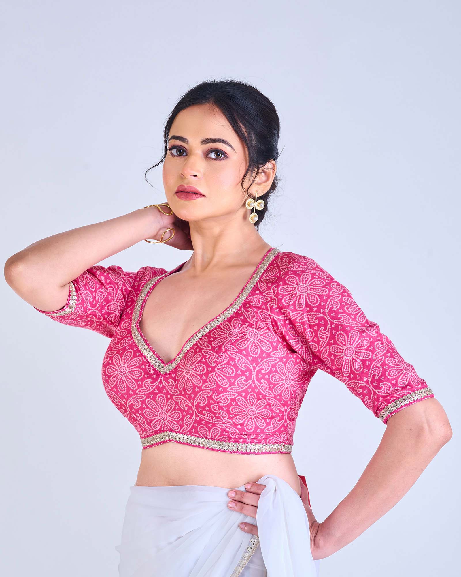 PINK / WHITE BANDHINI WITH PINK GOLD LACE