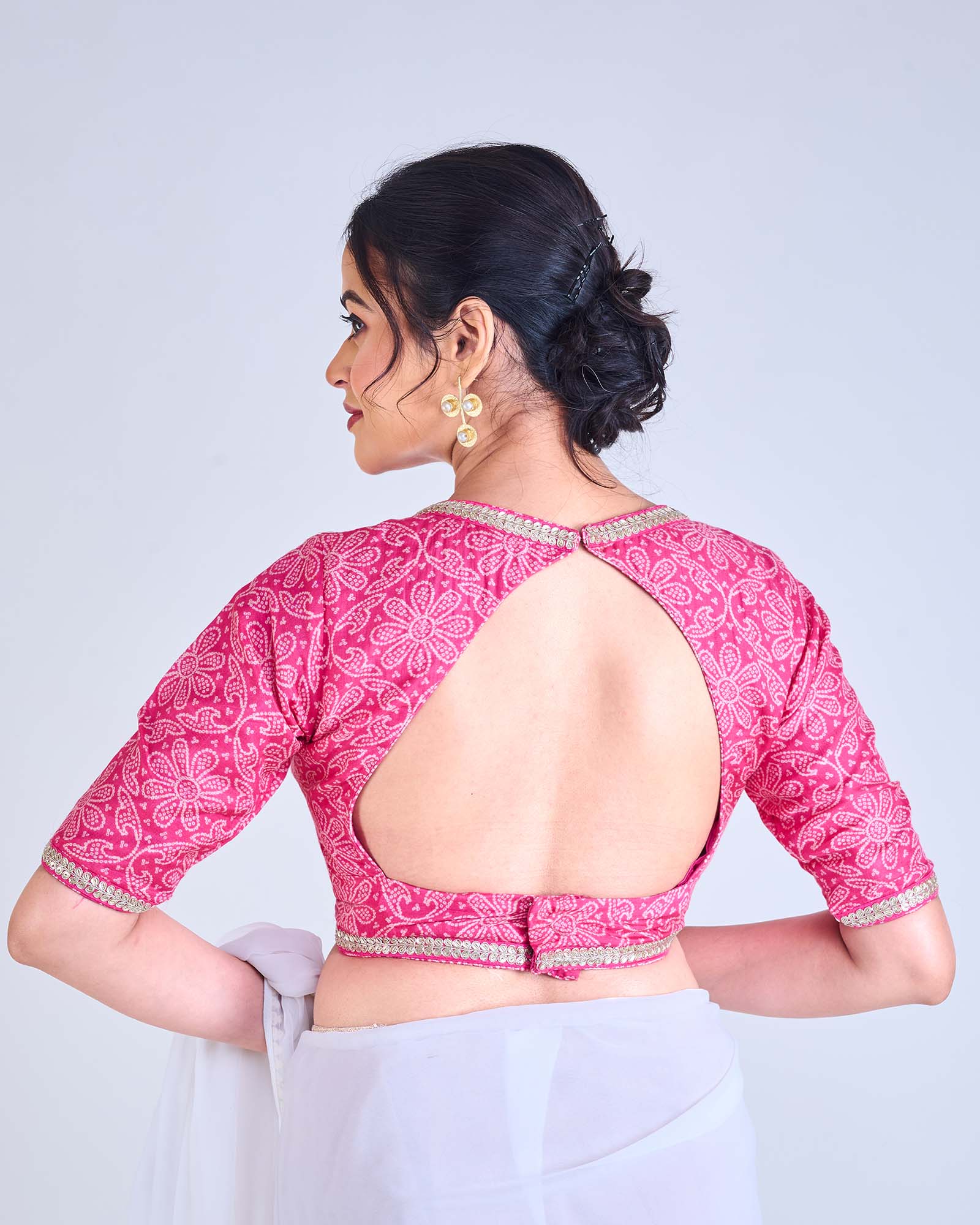 PINK / WHITE BANDHINI WITH PINK GOLD LACE