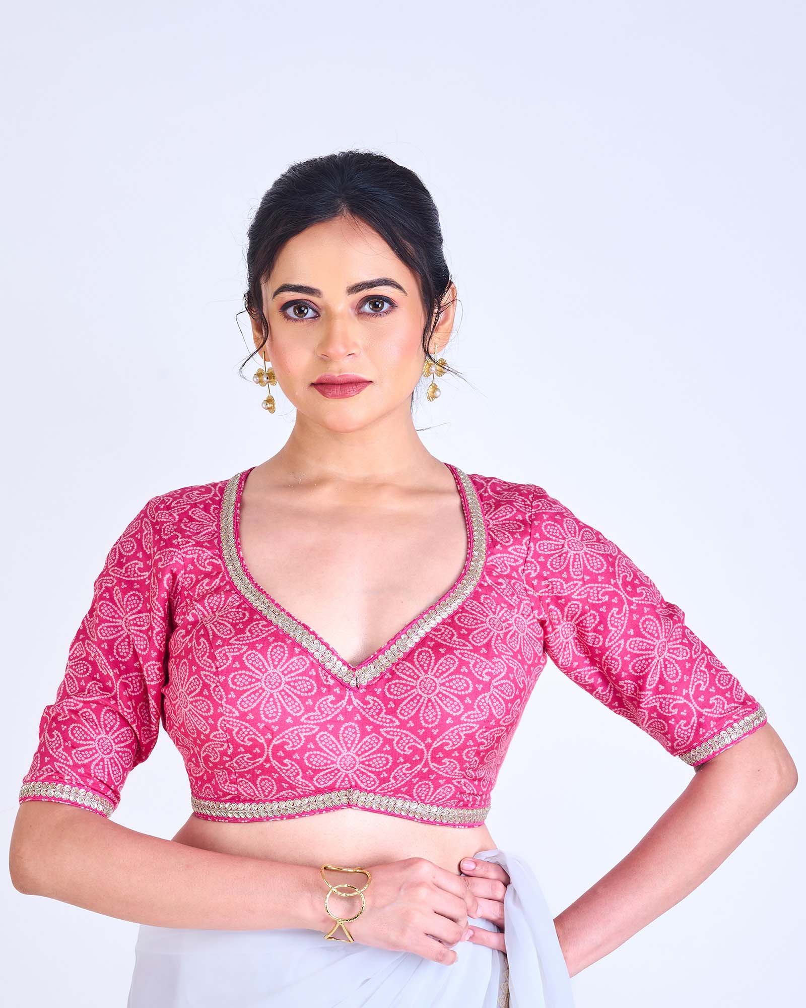 PINK / WHITE BANDHINI WITH PINK GOLD LACE