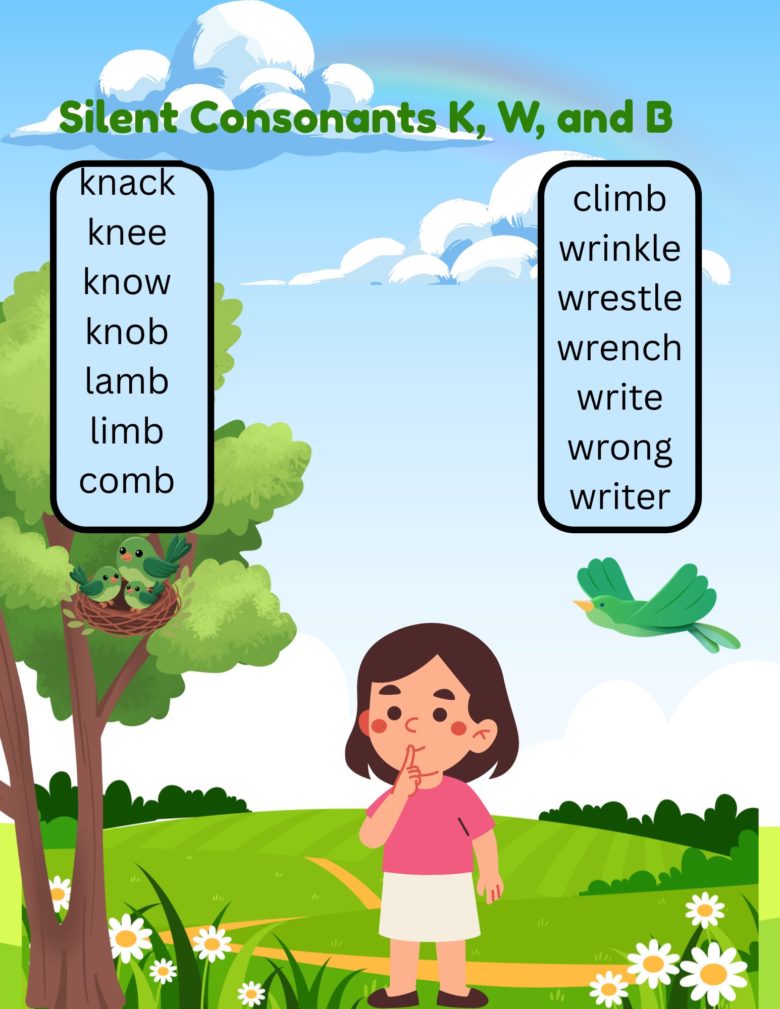 Silent Letters k, w, and b Flashcards
