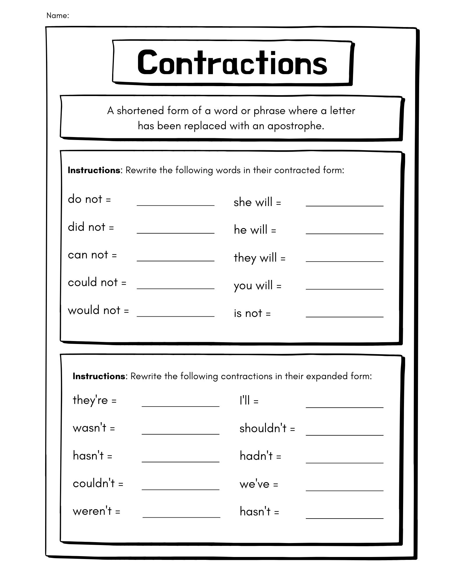Contraction Worksheets