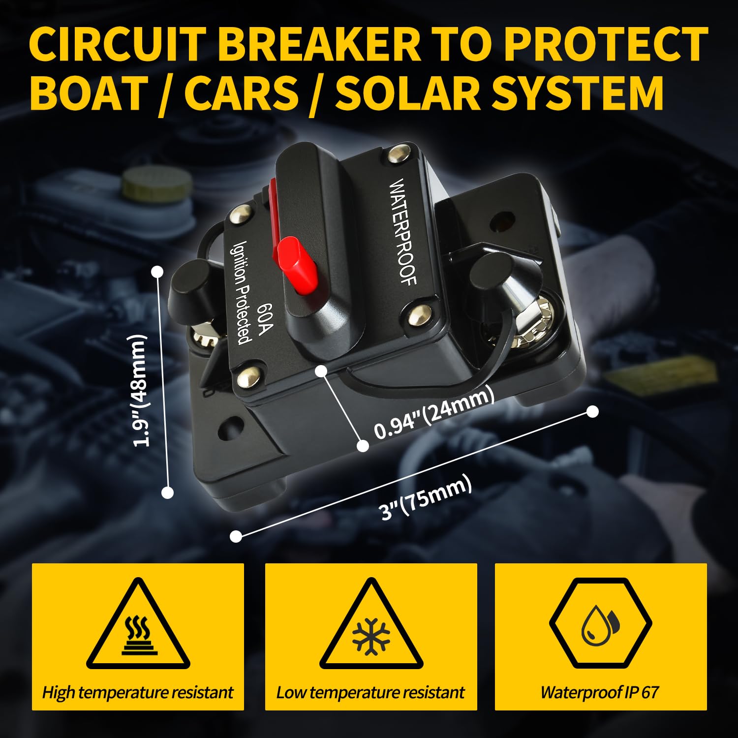 60Amp Circuit Breaker DC 12V-48V for Marine Boat Trolling Motor Automotive RV Trailer Car Solar System Battery Disconnect with Manual Reset Switch, IP67 Waterproof (Pack of 2)