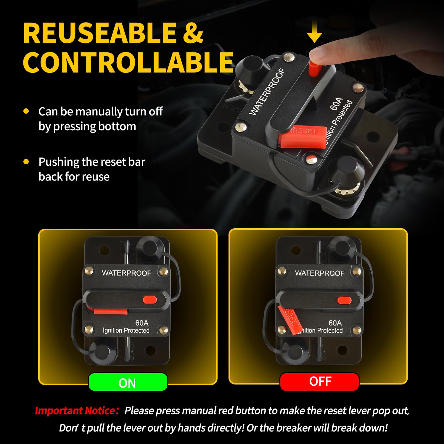 60Amp Circuit Breaker DC 12V-48V for Marine Boat Trolling Motor Automotive RV Trailer Car Solar System Battery Disconnect with Manual Reset Switch, IP67 Waterproof (Pack of 2)