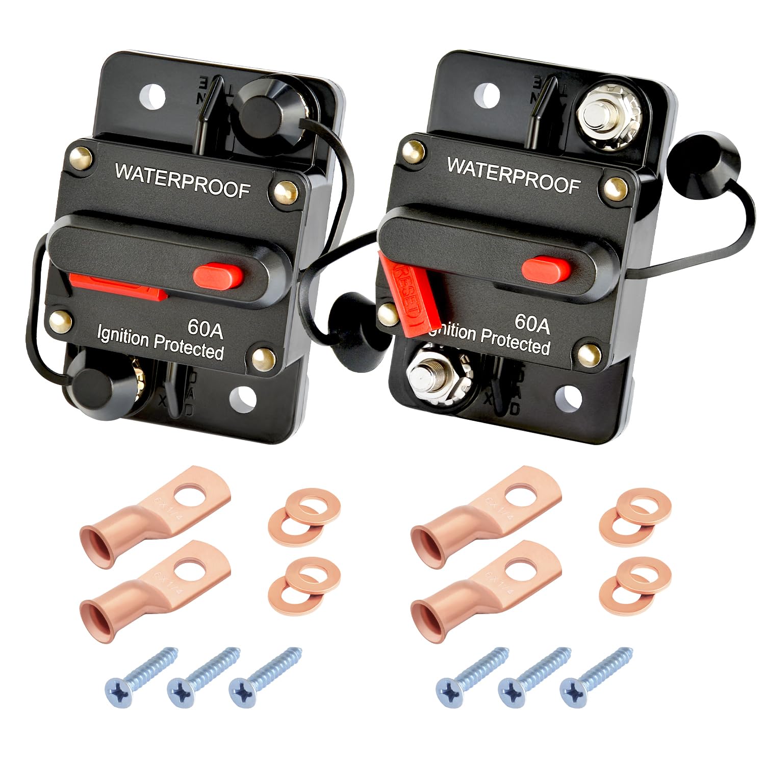 60Amp Circuit Breaker DC 12V-48V for Marine Boat Trolling Motor Automotive RV Trailer Car Solar System Battery Disconnect with Manual Reset Switch, IP67 Waterproof (Pack of 2)