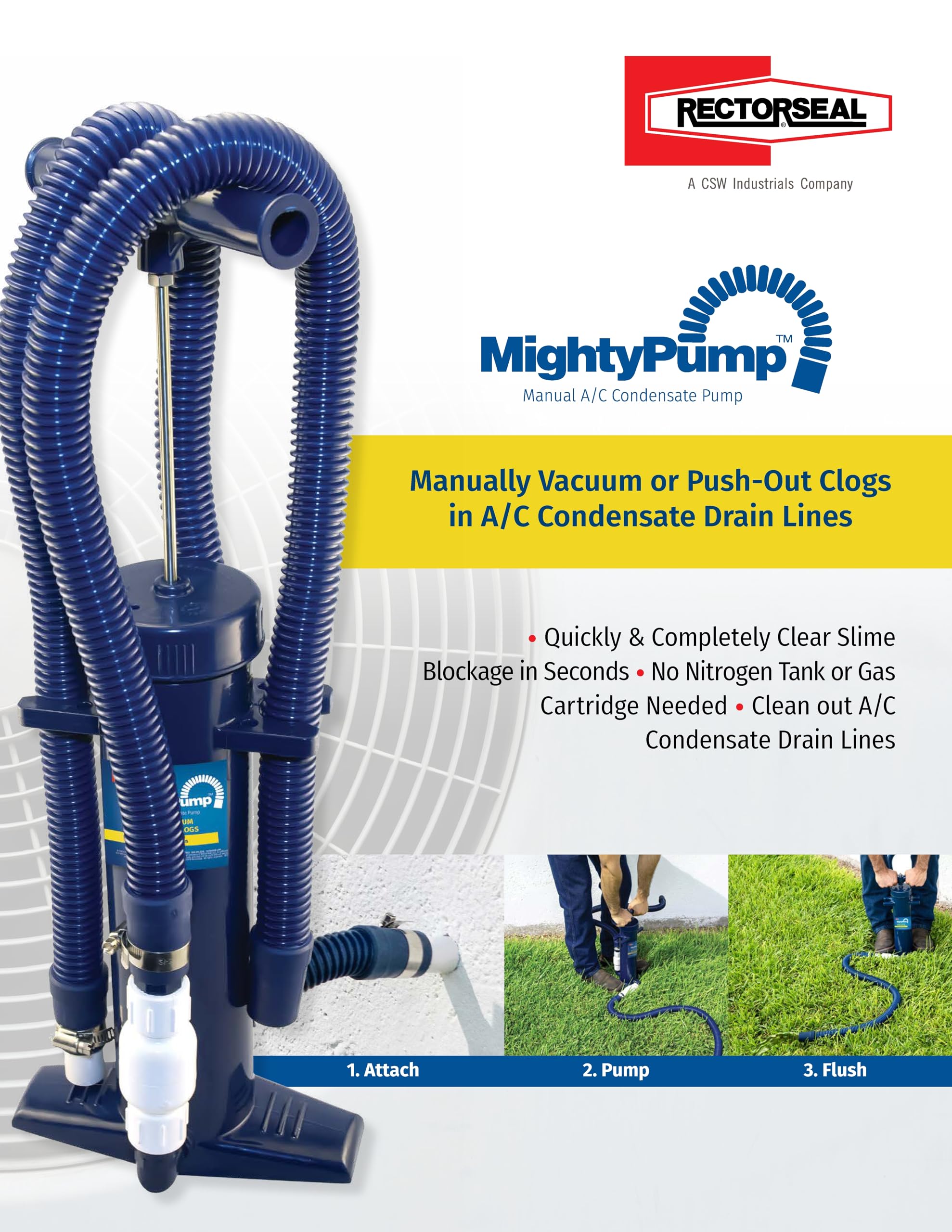 RectorSeal Mighty Pump 97795 Hand Operated A/C Condensate Pump, Easy Application, Lightweight & Heavy Duty PVC, Clears Slime, Mold, and Dirt, Easy Application, HVAC