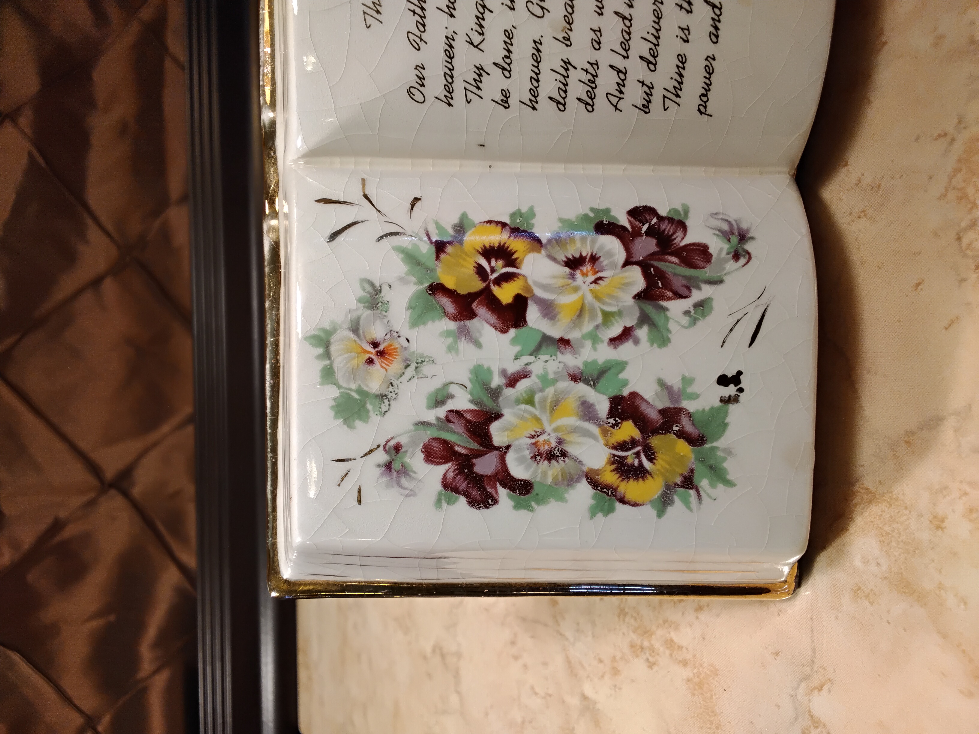 The Lord's Prayer & Painted Floral Porcelain Open Bible 