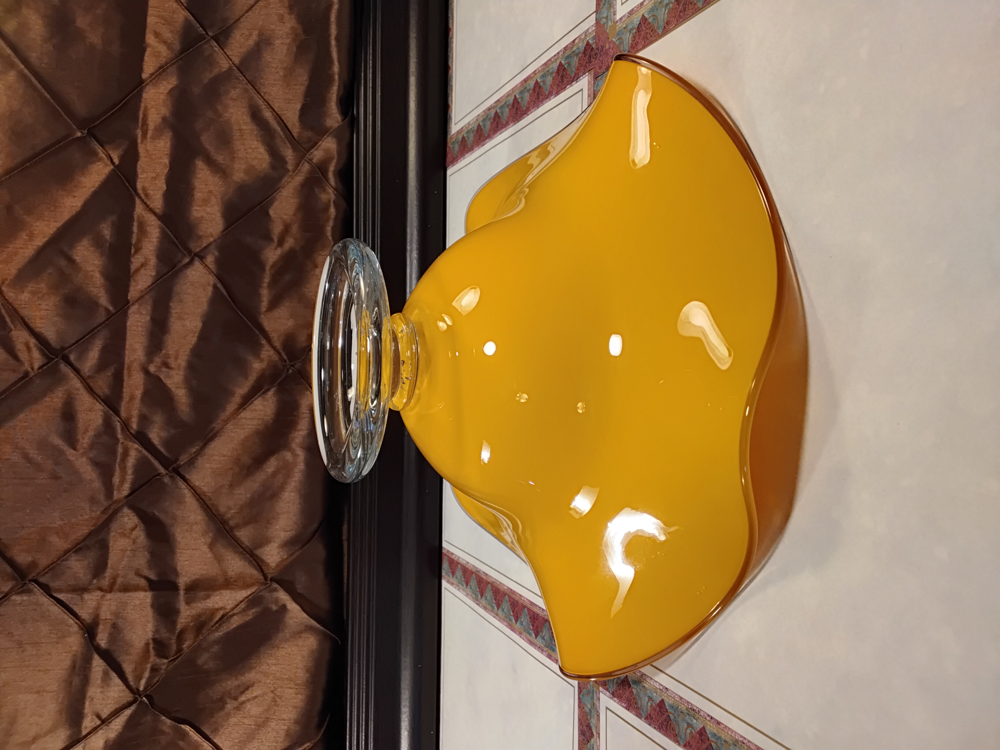  Teleflora Vintage Amber Art Glass Pedestal Bowl | Ruffled Edge Centerpiece | 