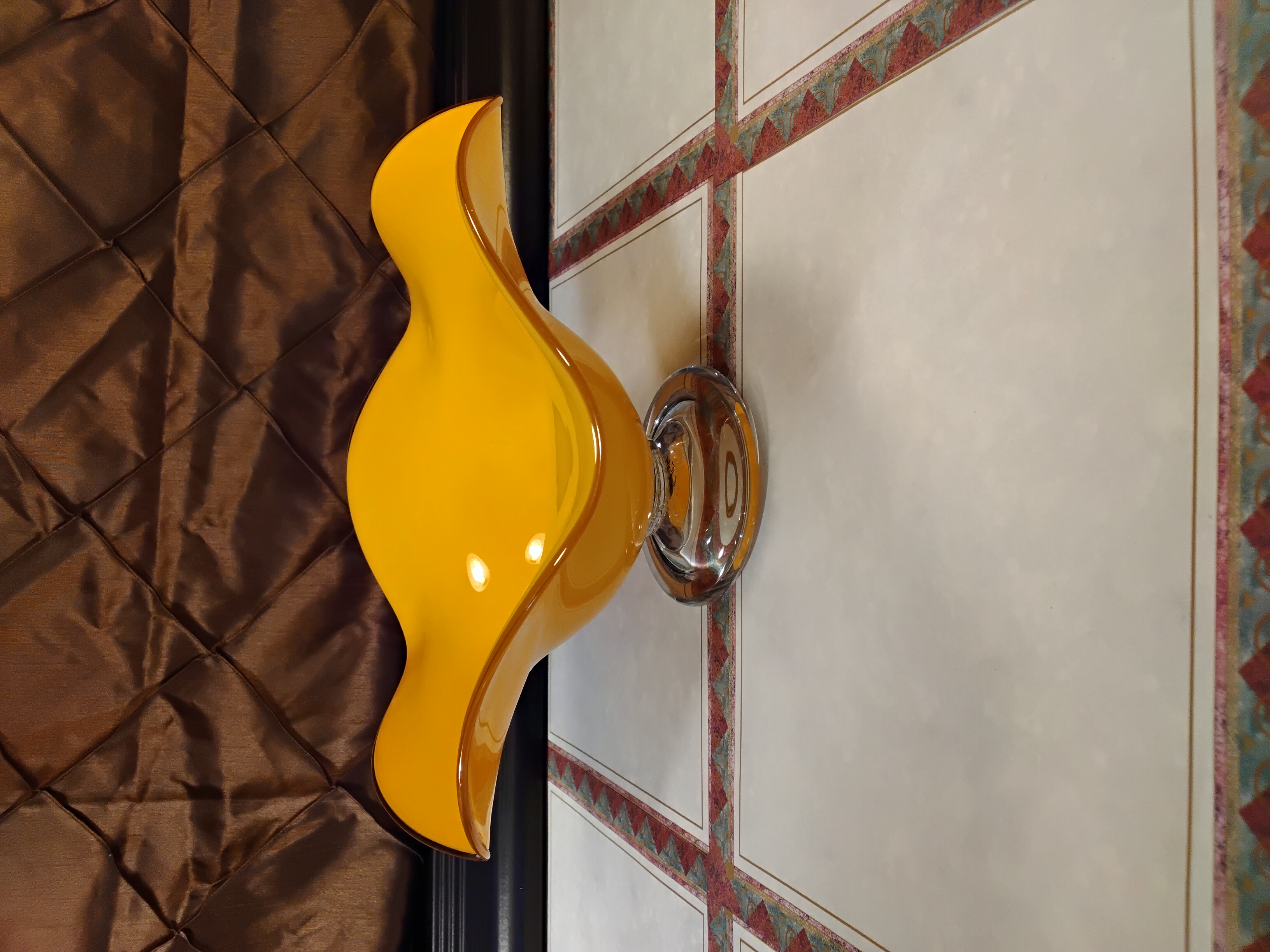  Teleflora Vintage Amber Art Glass Pedestal Bowl | Ruffled Edge Centerpiece | 