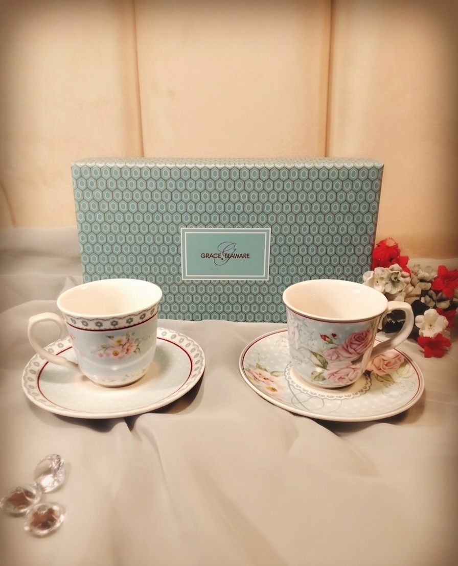 "Grace Teaware Aqua Floral 4-Piece Espresso Set – Display-Only Fine Porcelain in Gift Box.