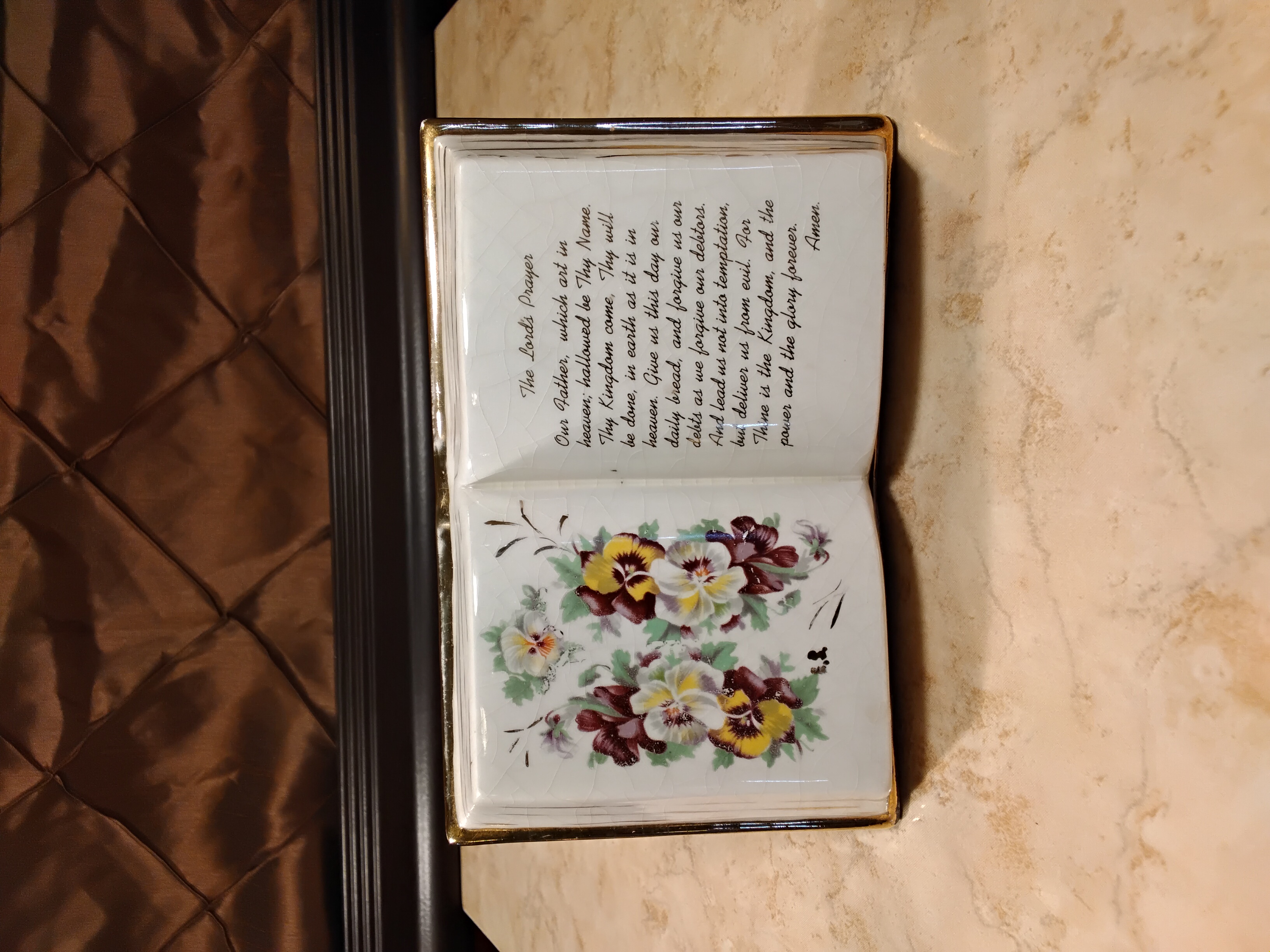 The Lord's Prayer & Painted Floral Porcelain Open Bible 