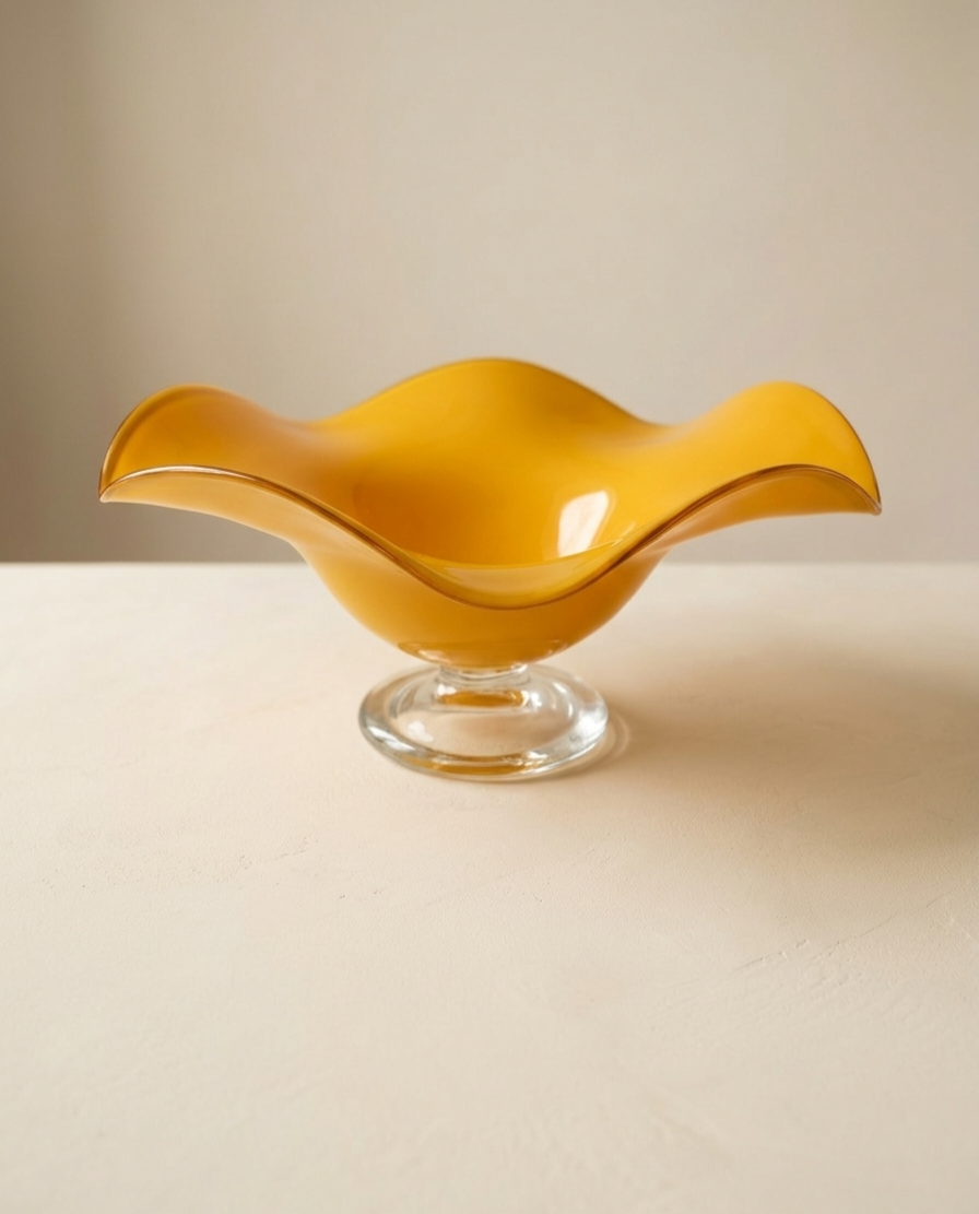  Teleflora Vintage Amber Art Glass Pedestal Bowl | Ruffled Edge Centerpiece | 