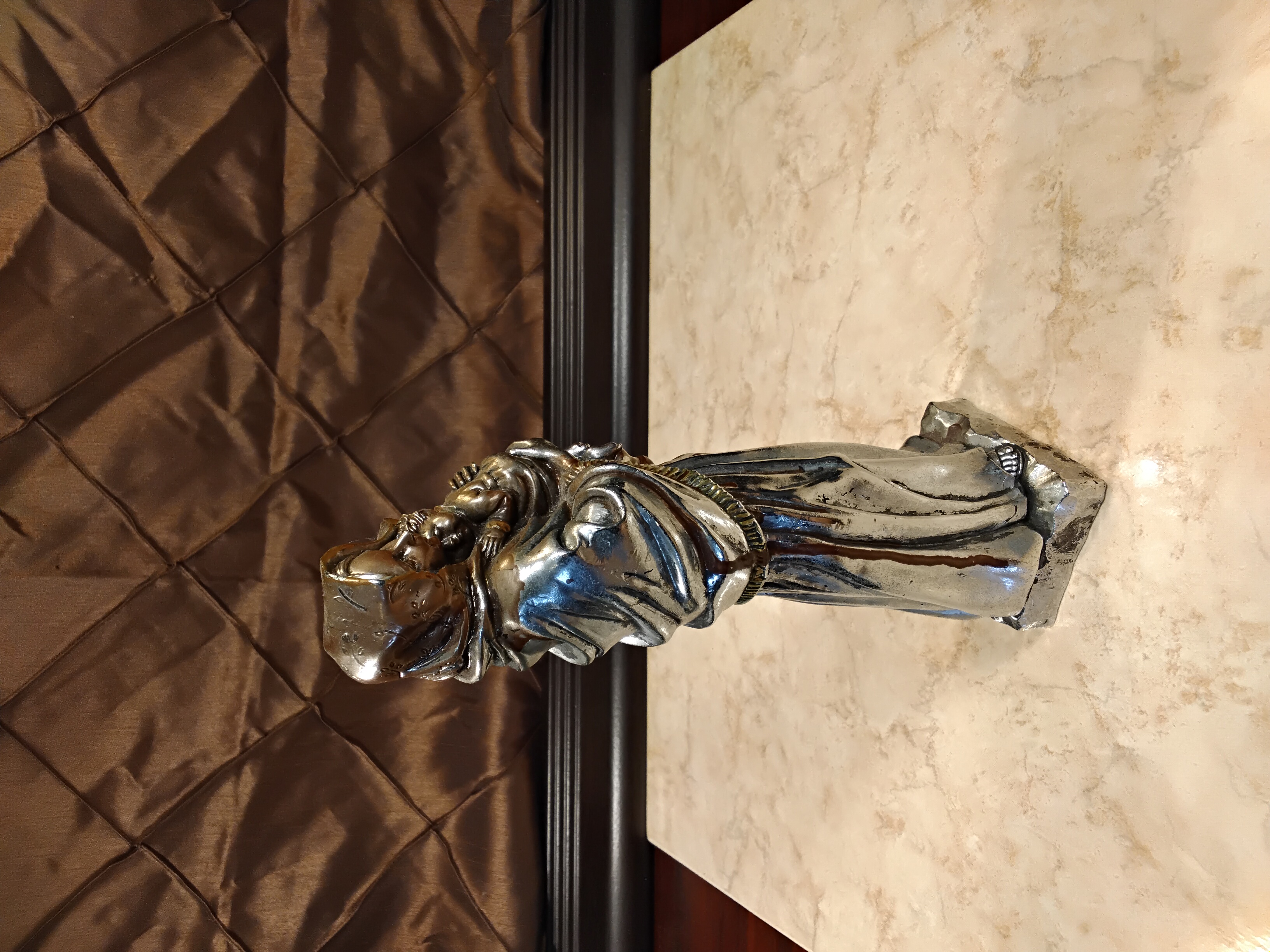​Vintage Metallic Silver Madonna & Child Statue | Heavy Polystone Figurine 8.5"