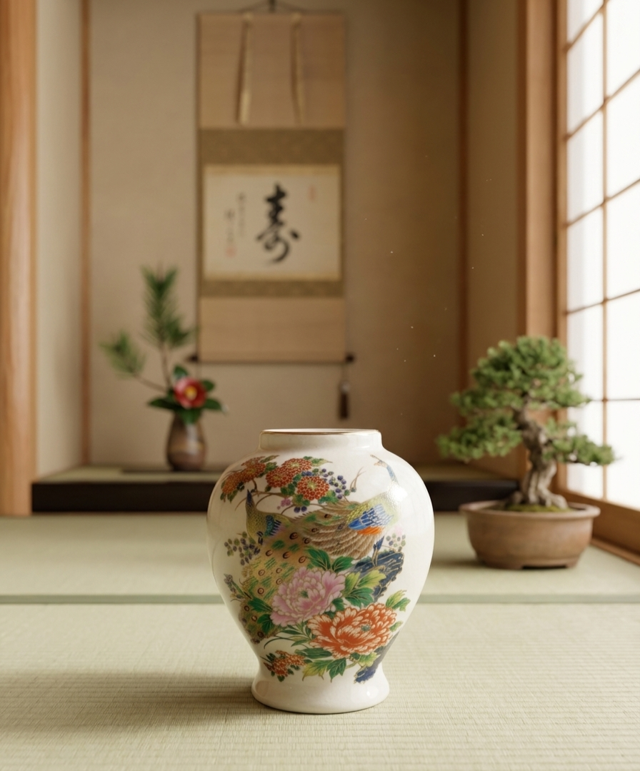 Japanese Porcelain Kozan Kiln 4 1/2" Vase - Peacocks In Full Bloom