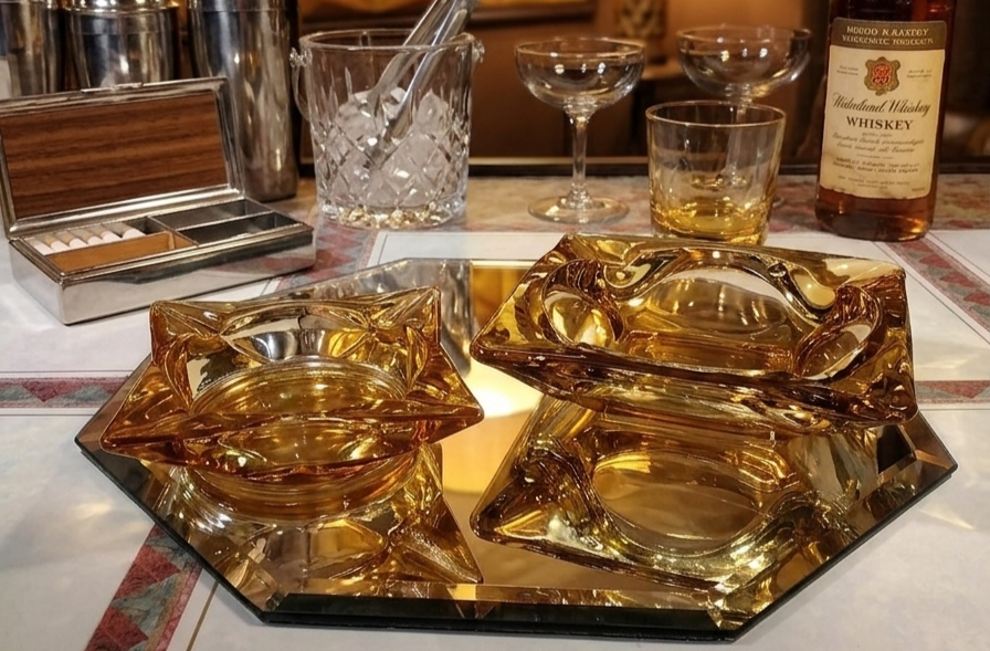 Vintage Anchor Hocking Amber Glass Ashtrays - Restored 2 Piece Set