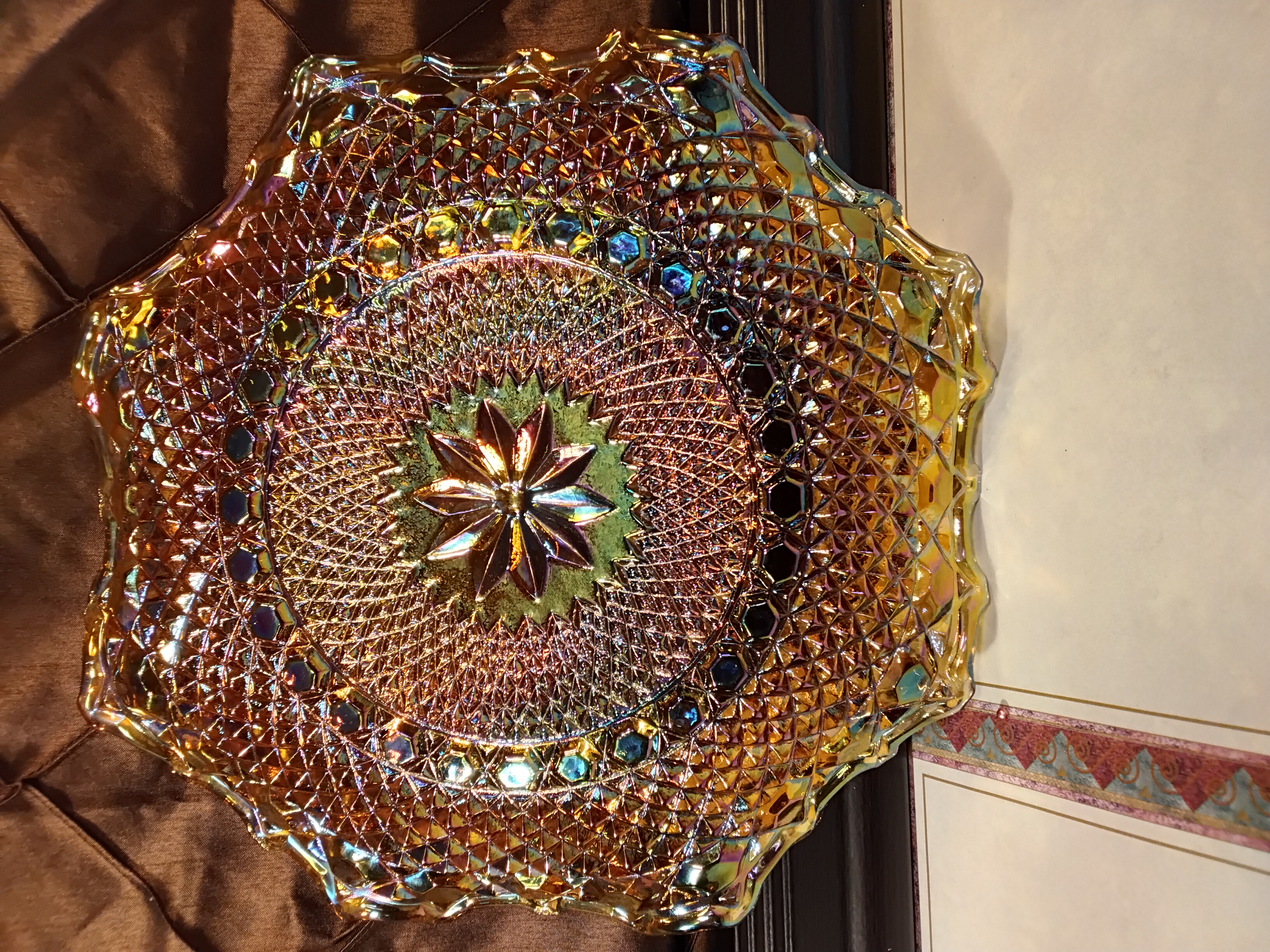 Carnival Metallic Cut Carnival Glass Display - Fenton Marigolds Carnival Glass Plate 