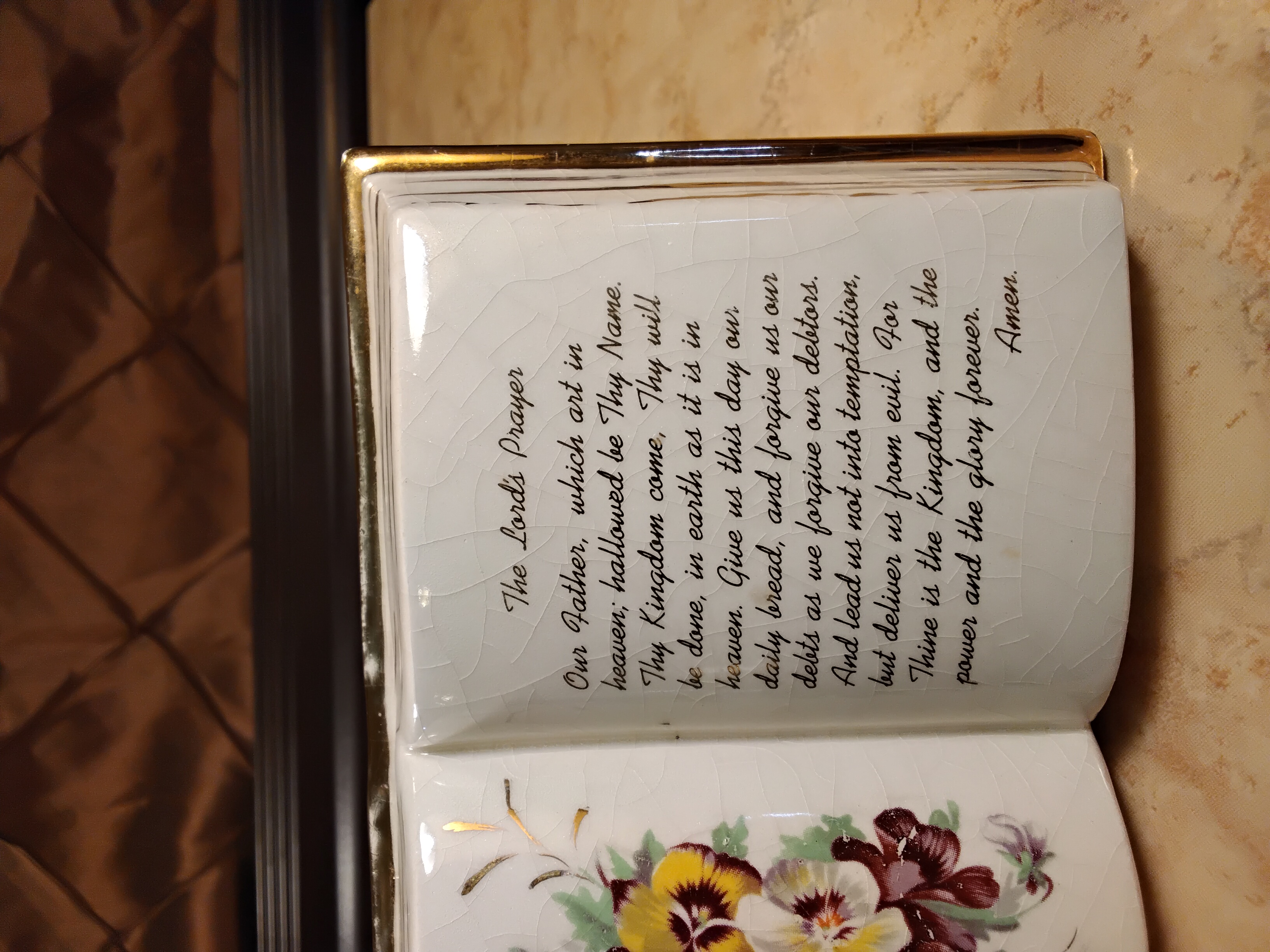 The Lord's Prayer & Painted Floral Porcelain Open Bible 