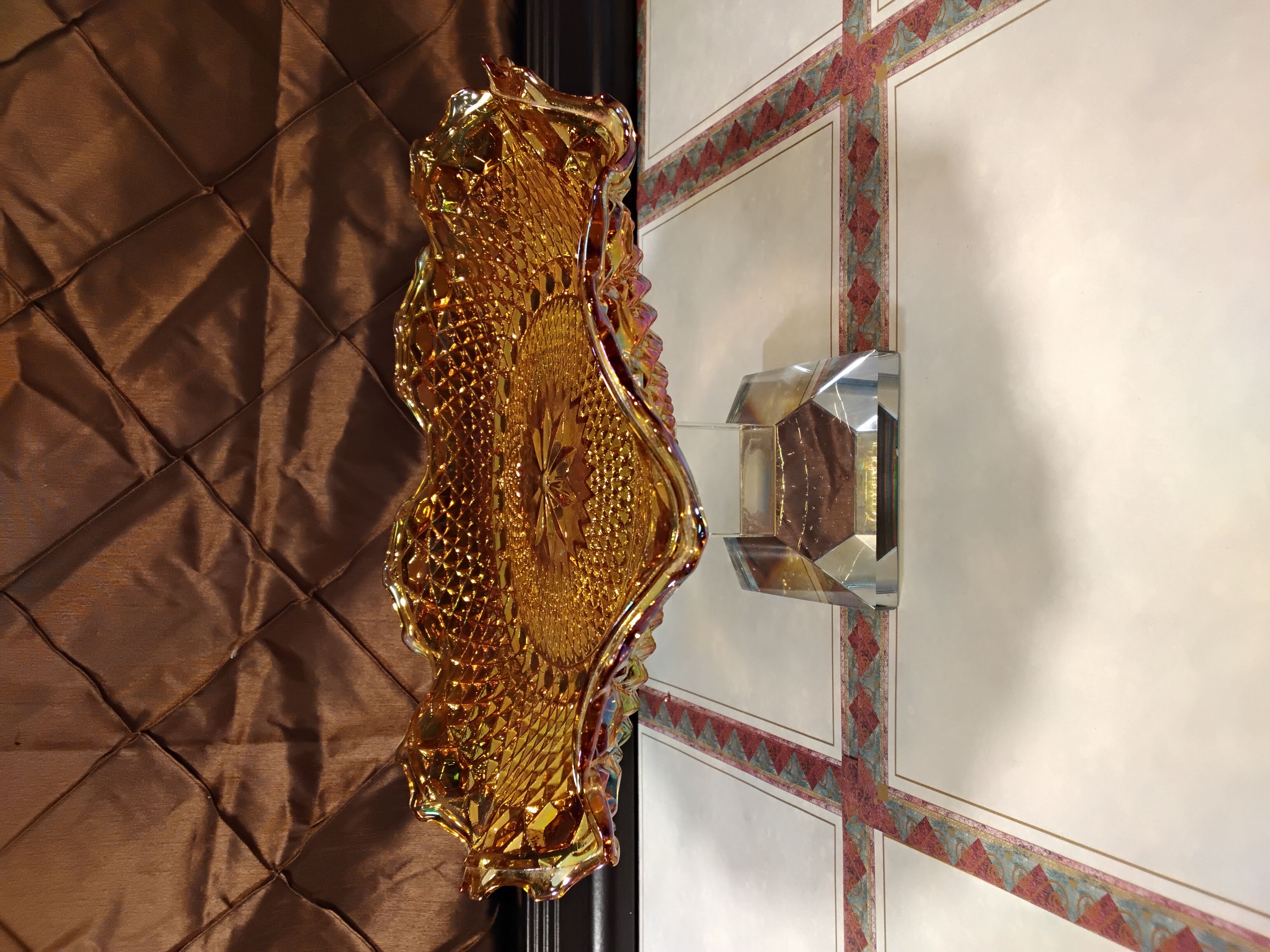 Carnival Metallic Cut Carnival Glass Display - Fenton Marigolds Carnival Glass Plate 