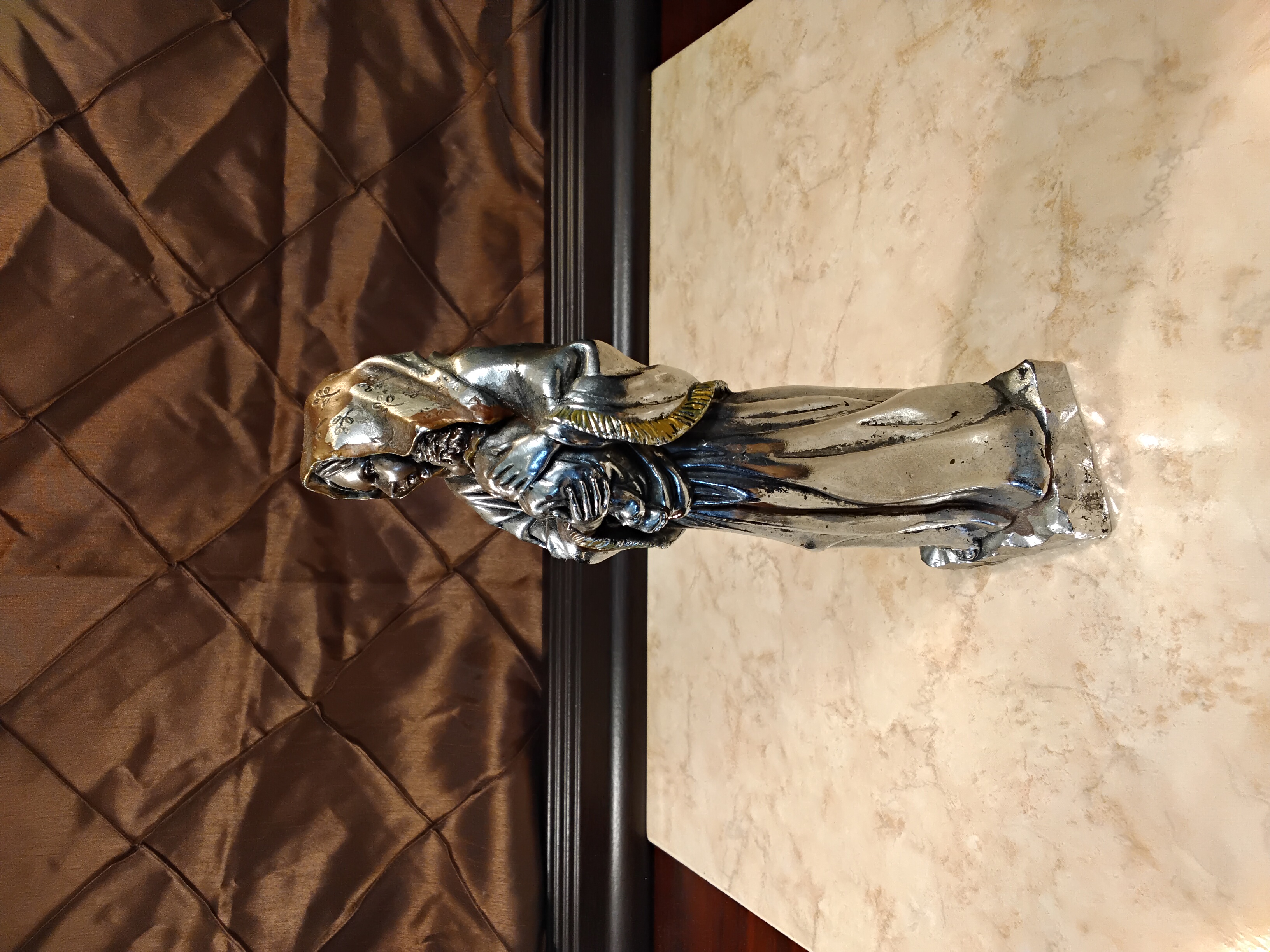 ​Vintage Metallic Silver Madonna & Child Statue | Heavy Polystone Figurine 8.5"