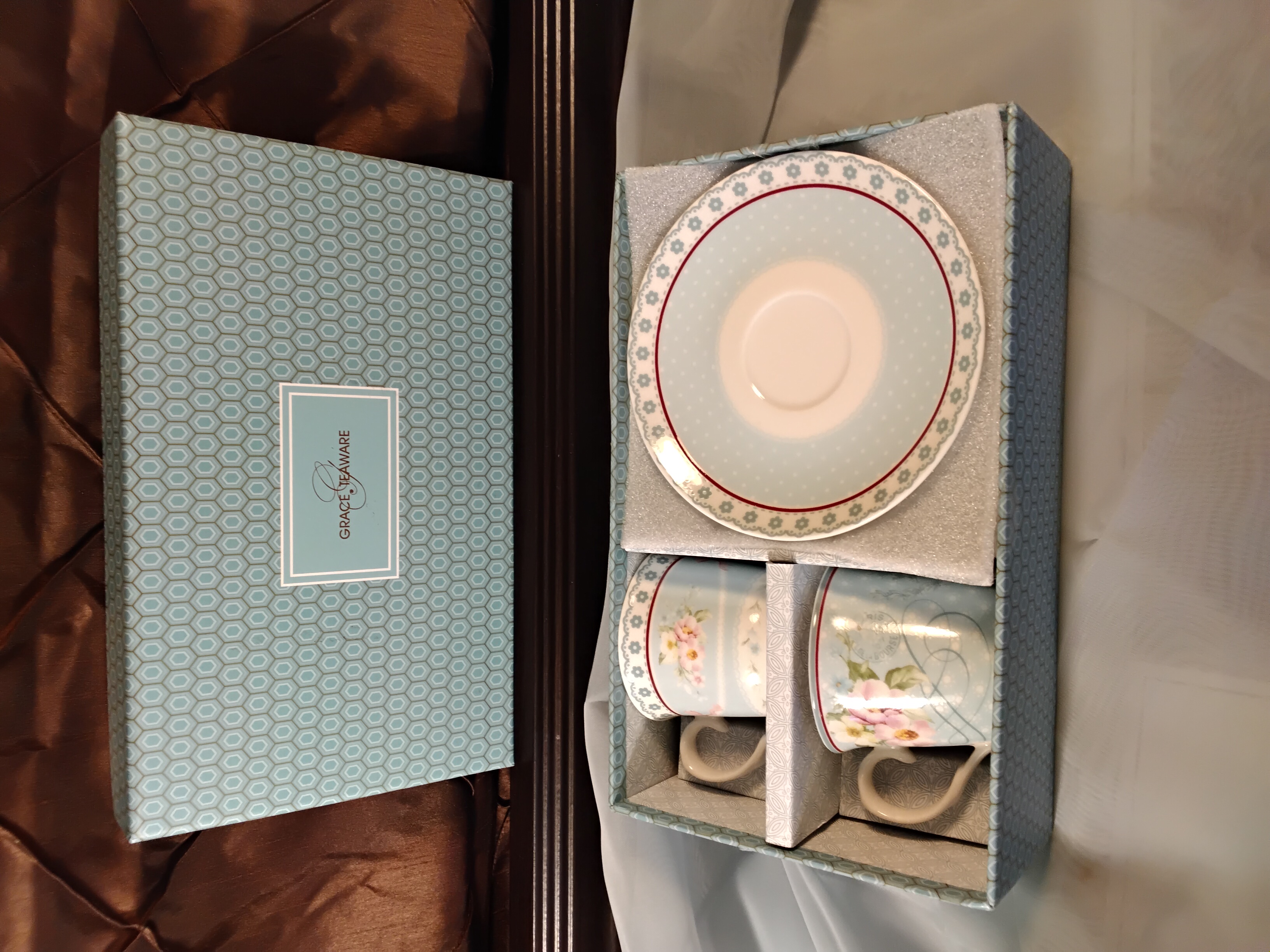 "Grace Teaware Aqua Floral 4-Piece Espresso Set – Display-Only Fine Porcelain in Gift Box.