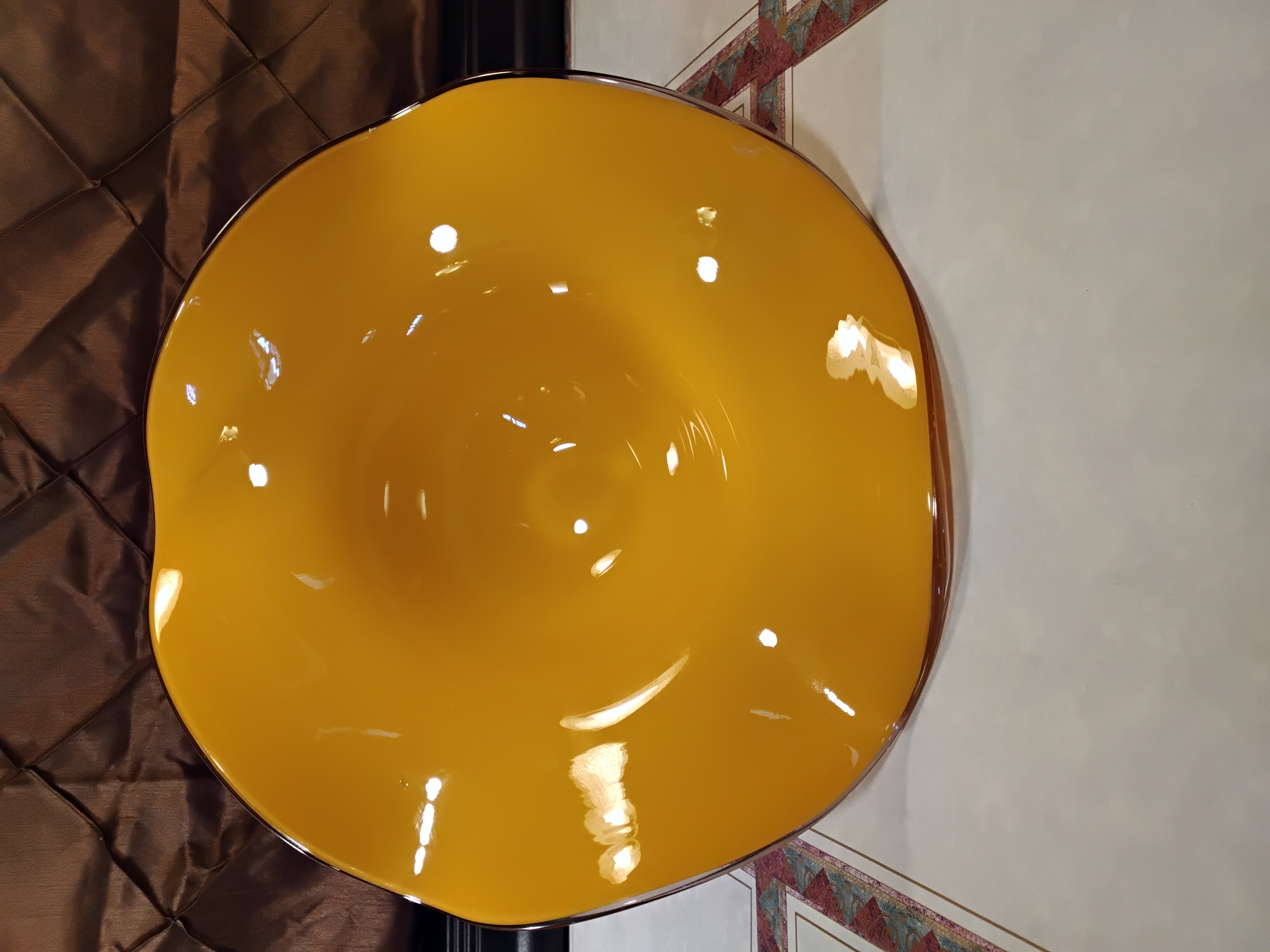  Teleflora Vintage Amber Art Glass Pedestal Bowl | Ruffled Edge Centerpiece | 