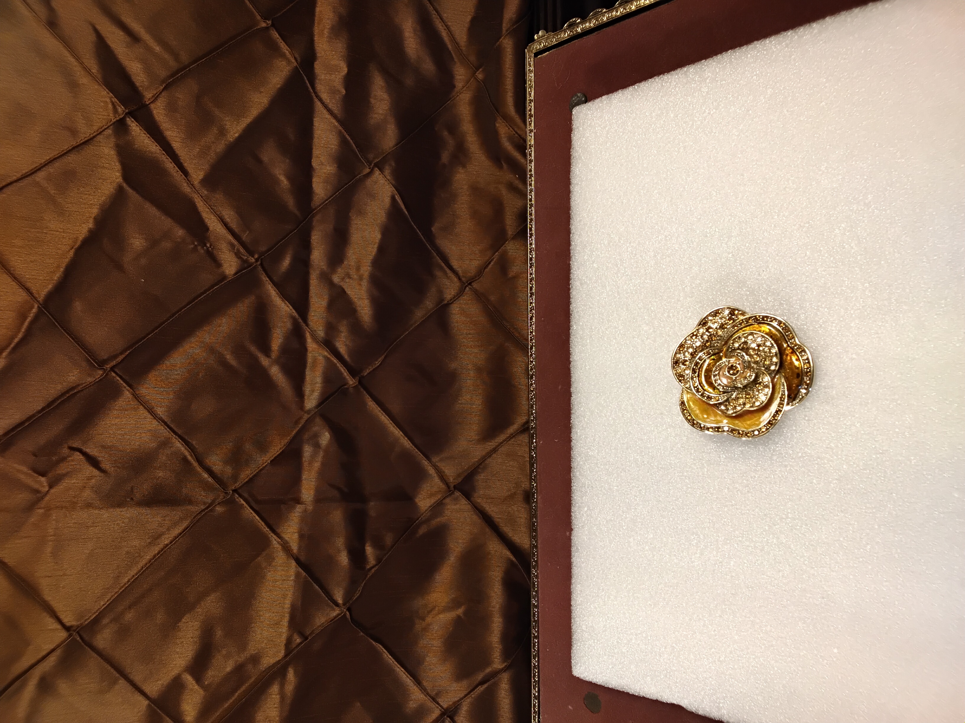 Elegant Liz Claiborne Gold-Tone Enamel and Amber Rhinestone Rose Brooch